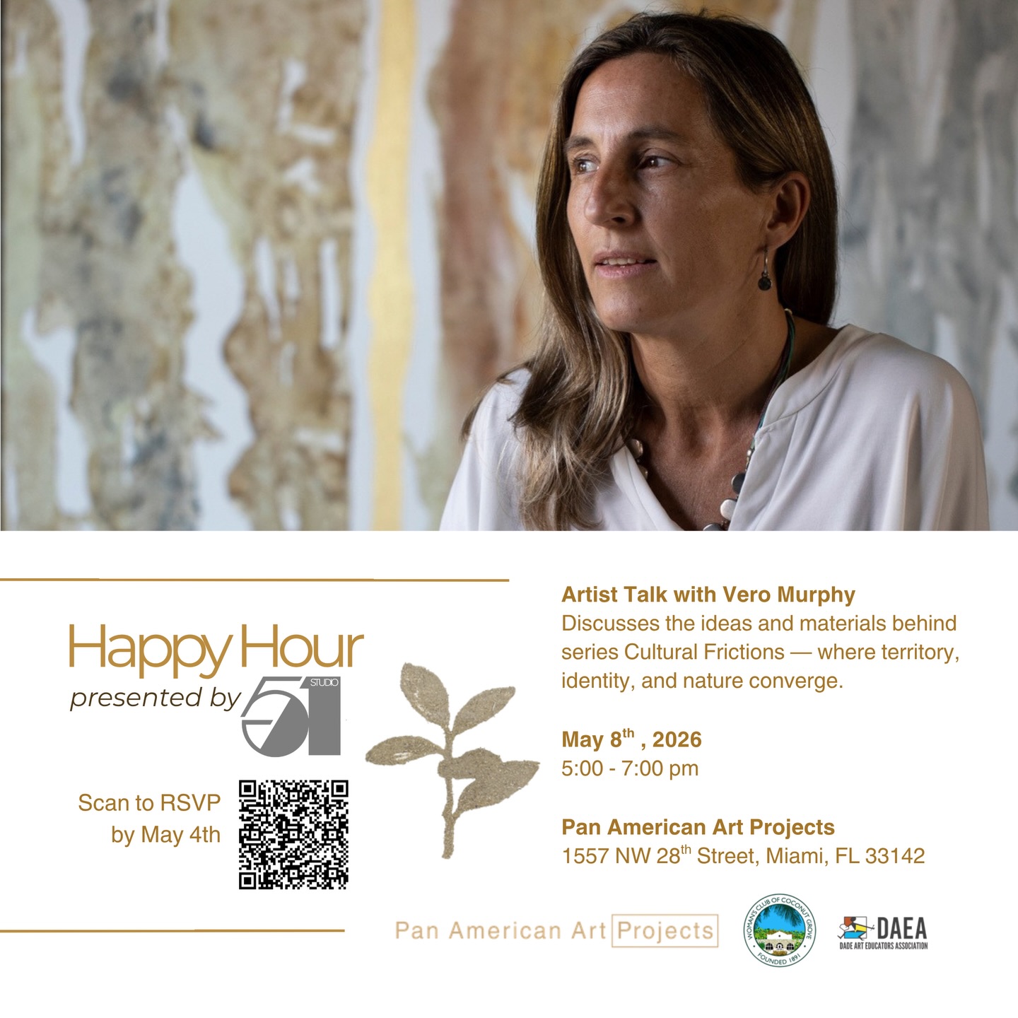Join us for happy hour with @studio51inthe305 and community connections with @panamericanartprojects on May 8th. Please RSVP through the QR code provided by May 4th. We look forward to seeing you!