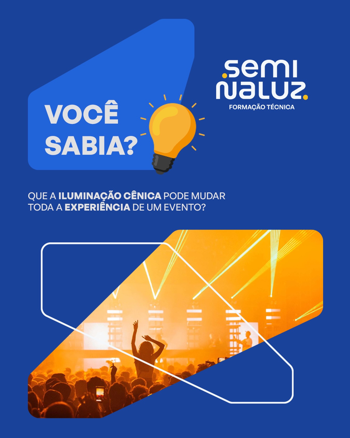A Oficina de Iluminação Cênica do Seminaluz oferece formação técnica e prática, onde você vai aprender:
Como criar atmosferas únicas para diferentes cenas
Usar equipamentos profissionais de iluminação com perfeição
Ajustar a luz para criar a emoção certa no palco
Em maio, mais uma turma vai começar. Se você quer se especializar em iluminação cênica, essa é a sua chance!
Inscreva-se agora pelo link da bio e não perca a oportunidade de dominar uma das áreas mais essenciais do backstage.