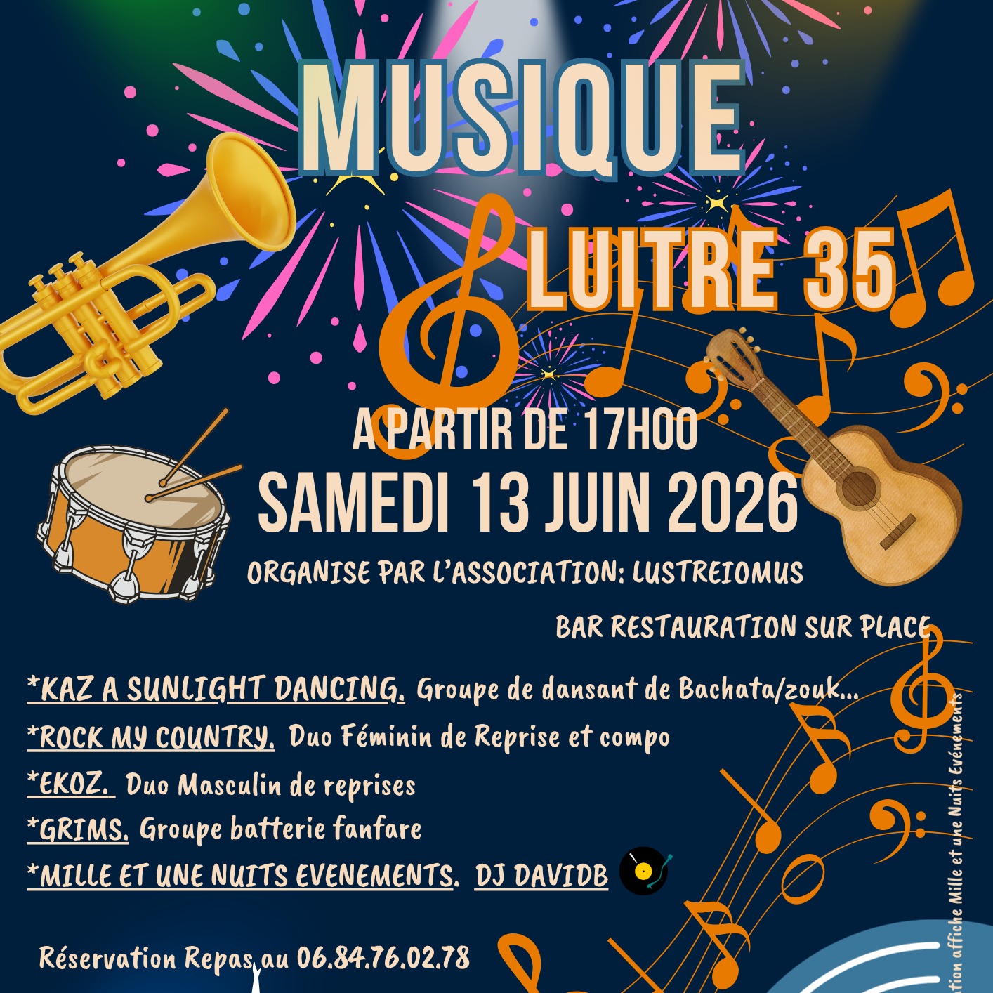 Rendez vous le Samedi 13 Juin 2026 pour une soirée festive à Luitré à l'occasion de la fête de la Musique avec des musiciens et des chanteurs qui vont enflammé le bourg de Luitré.
*Pour tout renseignement vous pouvez nous contacter au 06.11.85.30.28