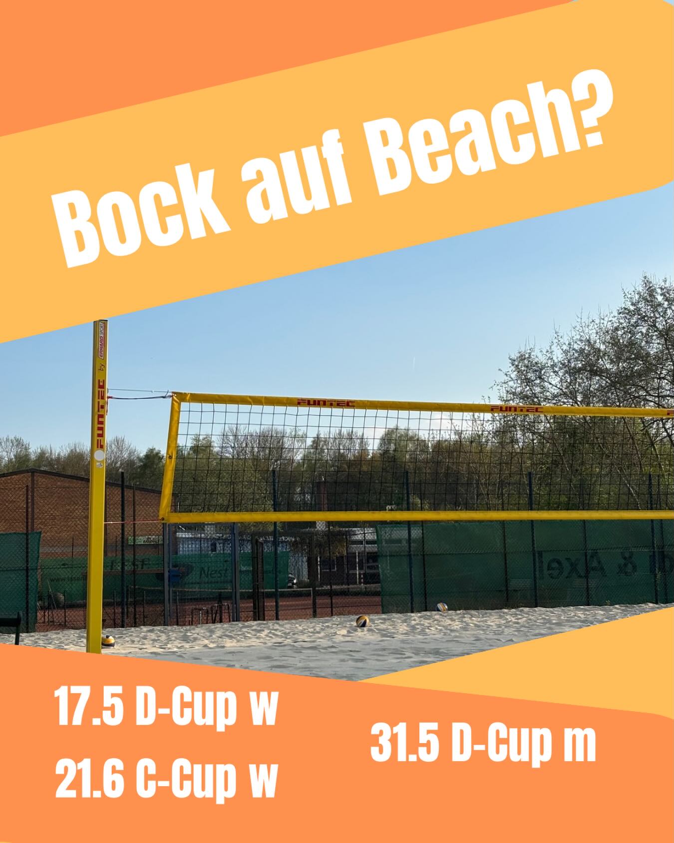 Bock auf Beach?🏝️☀️
Die Hallensaison ist geschafft und gutes Wetter steht vor der Tür!
Was gibt es besseres, als ein Turnier auf unserer wundervollen Anlage zu spielen?!
Die Anmeldungen sind offen- sichert euch euren Platz, wir freuen uns auf ein paar geile Turniertage mit euch🧡
