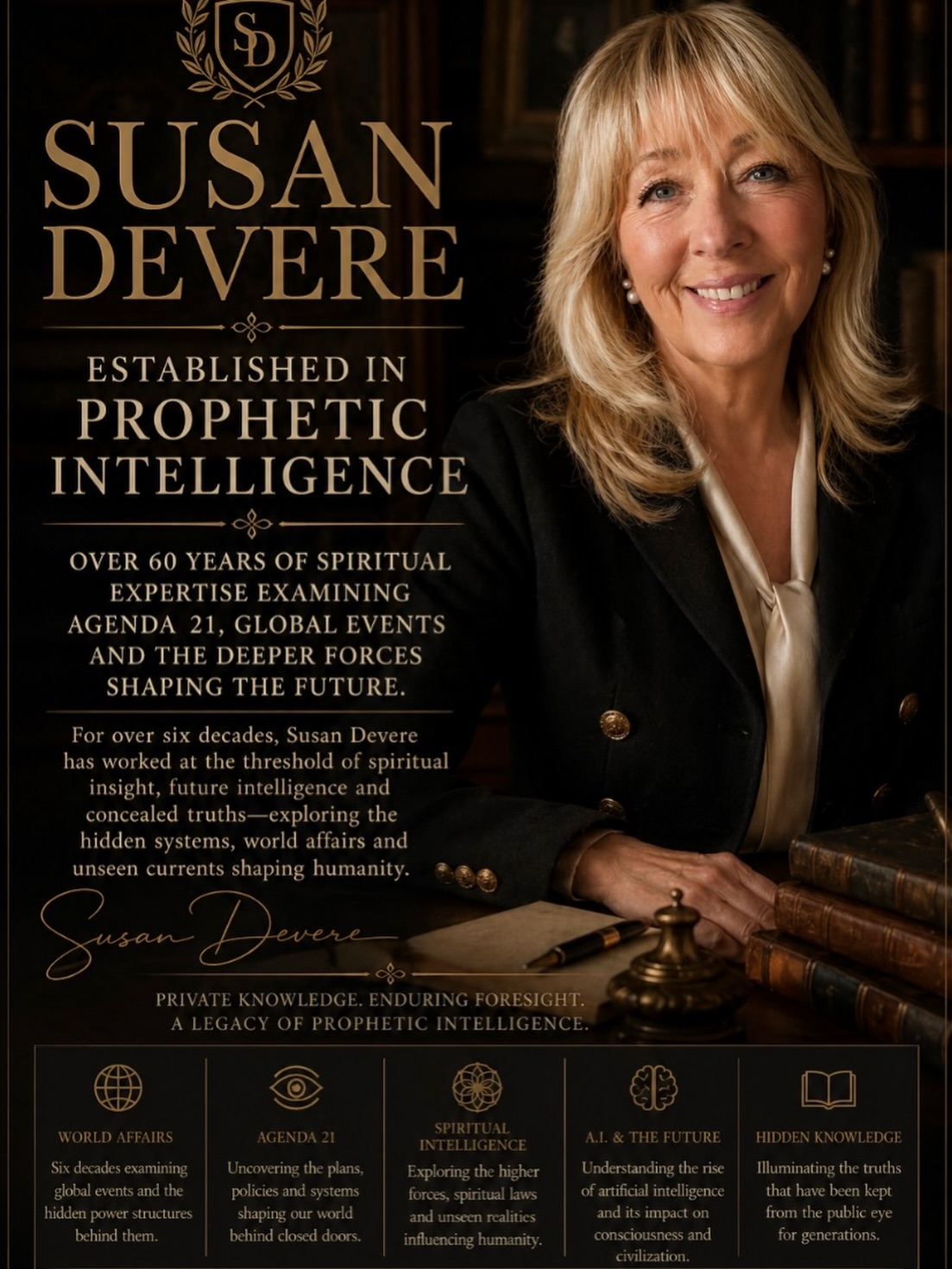 Susan Devere | Established in Prophetic Intelligence
Over 60 years examining spiritual intelligence, world affairs, Agenda 21 and the deeper forces shaping what is to come##SusanDevere
#PropheticIntelligence
SpiritualIntelligence
ProphecyAndForesight
HiddenKnowledge
MysticWisdom
EsotericTruth
FutureForesight
WorldAffairs
ConsciousnessAwakening
AncientWisdomModernWorld
PrivateKnowledge
LegacyOfForesight
SpiritualThoughtLeader
OccultKnowledge
HigherConsciousness
TruthSeeker
Agenda21
AIAndHumanity
LuxuryMystic
MayfairAesthetic
Prophetess