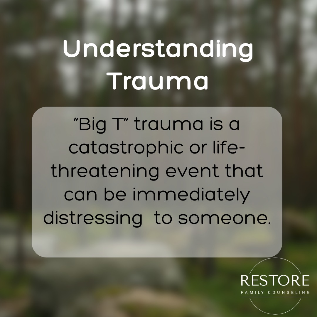 Another type of trauma is "Big T" trauma. This is what people typically think of when trauma is discussed, and it's a catastrophic or life-threatening (or perceived as life-threatening) event that can be immediately distressing. While "little t" trauma is typically several events, "Big T" trauma may be a single occurrence.