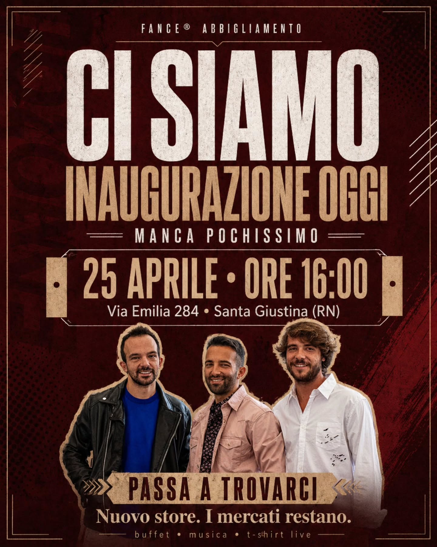 Ci siamo.
Oggi alle 16:00 inauguriamo il nuovo store FANCE®.
Dopo anni di mercati, banchi montati all’alba e clienti incontrati in giro per la Romagna, oggi apriamo anche le porte del nostro nuovo spazio fisso.
Ma lo diciamo subito:
i mercati restano.
Questo è solo un nuovo capitolo.
📍 Via Emilia 284, Santa Giustina — Rimini
🕓 Oggi dalle 16:00
Buffet, musica, live printing e la nostra t-shirt limited edition stampata live.
Passa a trovarci, anche solo per un saluto.
Oggi per noi è una giornata enorme.
Se ti va, condividi questo post o mandalo a qualcuno che potrebbe passare oggi.
Per noi sarebbe già un grande aiuto.❤️
Ci vediamo tra poco.
#fanceabbigliamento #fance #nuovostore #inaugurazione #rimini santagiustina abbigliamentouomo romagna mercati streetwearitalia