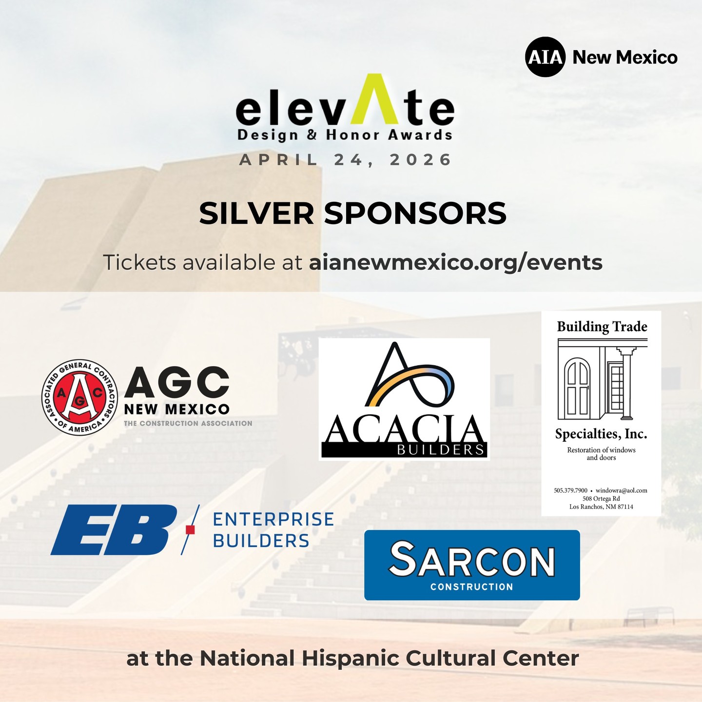 Thank you to your elevAte 2026 SILVER Sponsors! Come thank them for their support at the Party on Friday, April 24th. Get your Party tickets at aianewmexico.org/events.
➡️ Sarcon @sarconconstruction
➡️AGC New Mexico @agcnewmexico
➡️Acacia Builders @acaciabuilders.nm
➡️Building Trade Specialties
➡️Enterprise Builders @enterprisebuilders
#awards #leadership #aia #newmexico #design #architecture #design #construction #engineering #aecindustry #aec