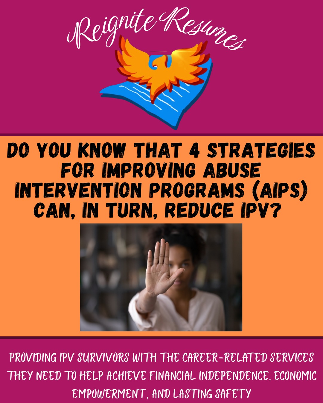 Abuse Intervention Programs (AIPs) can have a meaningful impact when it comes to preventing intimate partner violence (IPV).
Check out our post to learn more about 4 AIP strategies designed to improve IPV outcomes. 🫶🫶🫶
#reigniteresumes #npo #nonprofit #youthled #femaleled #resume #resumes #recruitment #domesticviolence #ipv #youthleaders #youthleadership #jobs #careers #employment