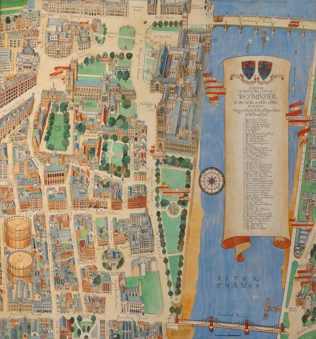 #MapMonday On this day in 1840, the foundation stone for the new Palace of Westminster was laid by Sarah Barry, wife of architect Charles Barry. Parts of the previous building had been destroyed by a fire in 1512, and a more substantially damaging second fire in 1834. Charles Barry was appointed to design the replacement. This map from by MacDonald Gill shows the City of Westminster in 1924. Source: https://artuk.org/discover/artworks/map-of-the-city-of-westminster-215091