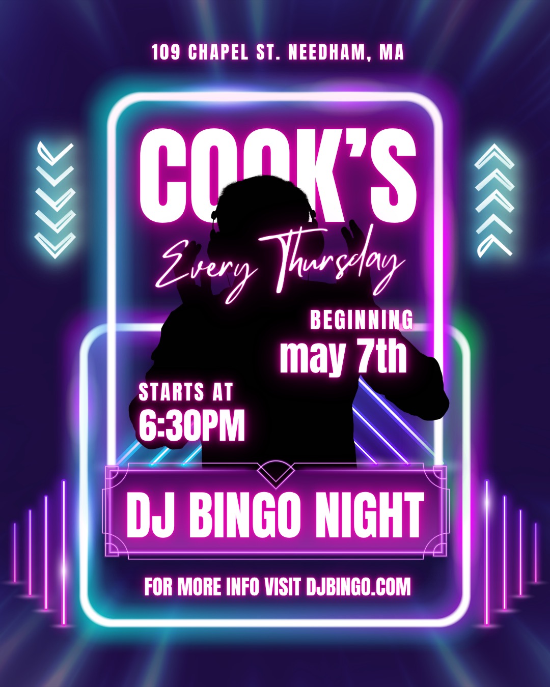 Every Thursday Night starting May 7th, DJ Bingo is coming to Cook! 🔥 Grab your friends and test your music knowledge at 109 Chapel St. in Needham. Event starts at 6:30PM. #cookneedham #djbingo #thirstythursday #needhamma #barbingo