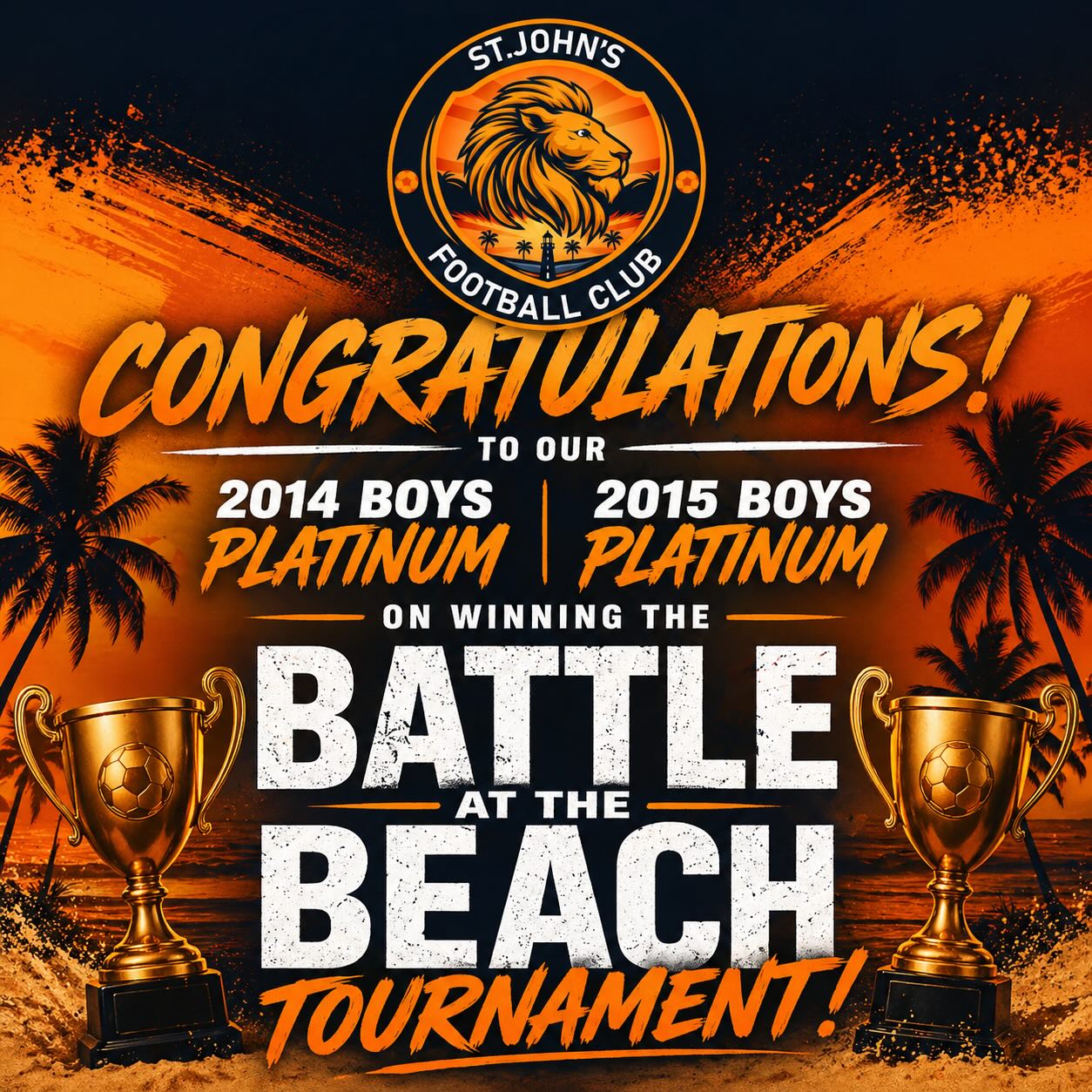 Champions.
Proud of our 2014 & 2015 Boys Platinum for bringing home the Battle at the Beach 🏆
The work shows. The standard is rising. #sjfc #youthsoccer