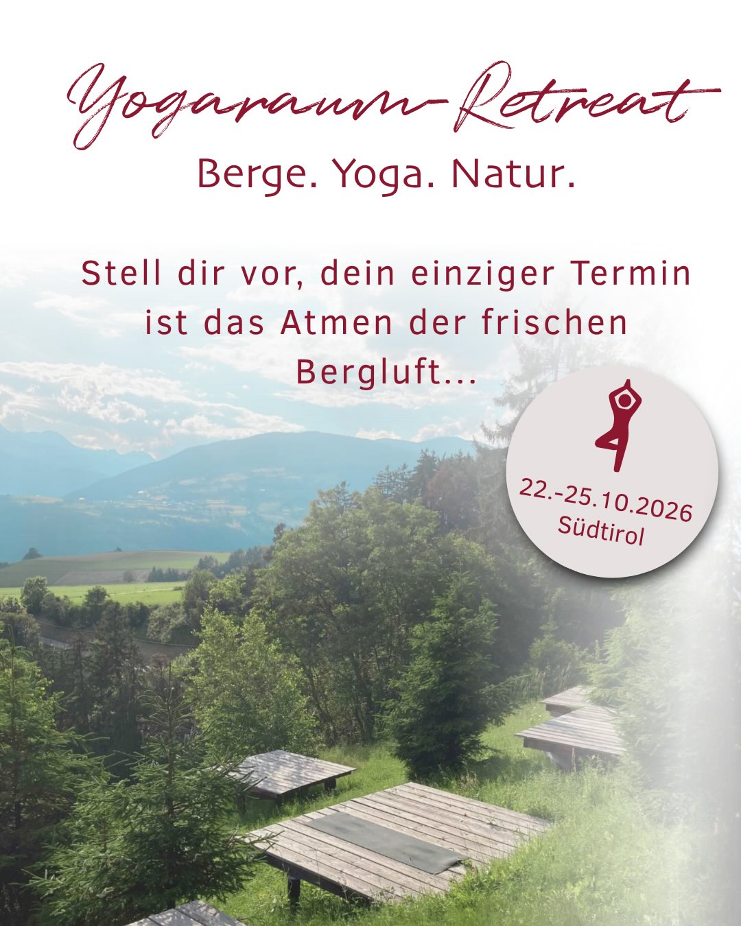 ✨ Spürst du sie schon – die Stille der Berge und den ersten tiefen Atemzug klare Alpenluft?
Stell dir vor, der goldene Oktober bricht an und du lässt den Alltag im Rückspiegel verschwinden. Es geht nach Südtirol – dort, wo die Luft klarer ist und die Zeit ein bisschen langsamer tickt. 🏔️🧘♀️
Unser Retreat im Hotel Schönblick ist deine Chance, tief durchzuatmen und deine Batterien für den Winter aufzuladen. Kein Stress, keine starren Pläne – nur du, dein Atem und die Kraft der Berge.
Warum du dabei sein solltest:
🧘♀️Yoga für alle: 6 Einheiten, die dich stärken und sanft auffangen.
🍎 Genuss pur: 3/4-Pension mit regionalen Köstlichkeiten und 5-Gang-Abendmenü.
🏔️ Zeit für dich: Ob Sauna, Bergspaziergang oder einfach nur ein Buch lesen – du entscheidest.
⚠️ EARLY BIRD ENDET BALD! Wer bis zum 30.04.2026 bucht, sichert sich das Yogapaket zum Vorteilspreis von 319 € (statt 369 €). Nutze die Chance und schenke dir selbst diesen Moment der Ruhe.
📍 Wann? 22.10. – 25.10.2026
📍 Wo? Südtirol, Hotel Schönblick (Verpflegung im Einzelzimmer ab 117 € pro Person/Nacht je nach Zimmerkategorie).
👉 Alle Details zum Programm und zur Hotelbuchung findest du über den Link in unserer Bio.
Schenke dir selbst das Versprechen einer Auszeit. Wir freuen uns auf eine unvergessliche Zeit mit dir! 🤝✨
#YogaRetreat #Südtirol #YogaAuszeit #WandernUndYoga #HotelSchönblick YogaRavensburg EarlyBird WellnessWochenende BergeUndYoga MeTime HerbstRetreat
