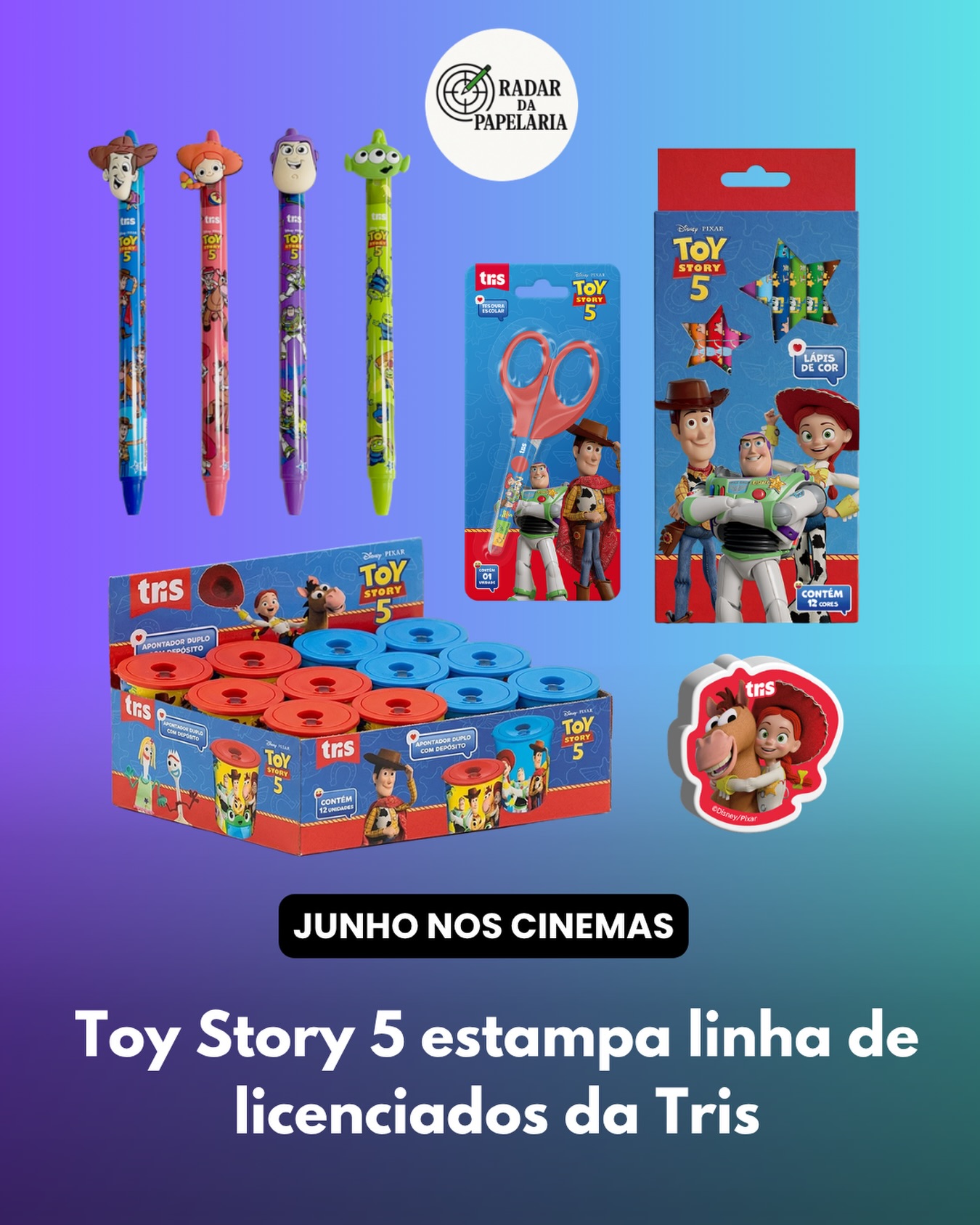 LICENCIADOS 👩🚀🤠
O filme Toy Story 5 chega aos cinemas brasileiros no dia 18 de junho, mas os produtos licenciados com estampas dos personagens do filme já estão chegando ao mercado, como a linha de papelaria da @tris_oficial.
A linha conta com quatro modelos de canetas esferográficas, duas opções de apontadores com depósitos, dois tipos de borrachas, lápis preto, caixa de lápis de cor decorados com 12 cores, quatro modelos de carimbos, tesoura e kit escolar com dois lápis preto, uma borracha e um apontador.
📡🗒️