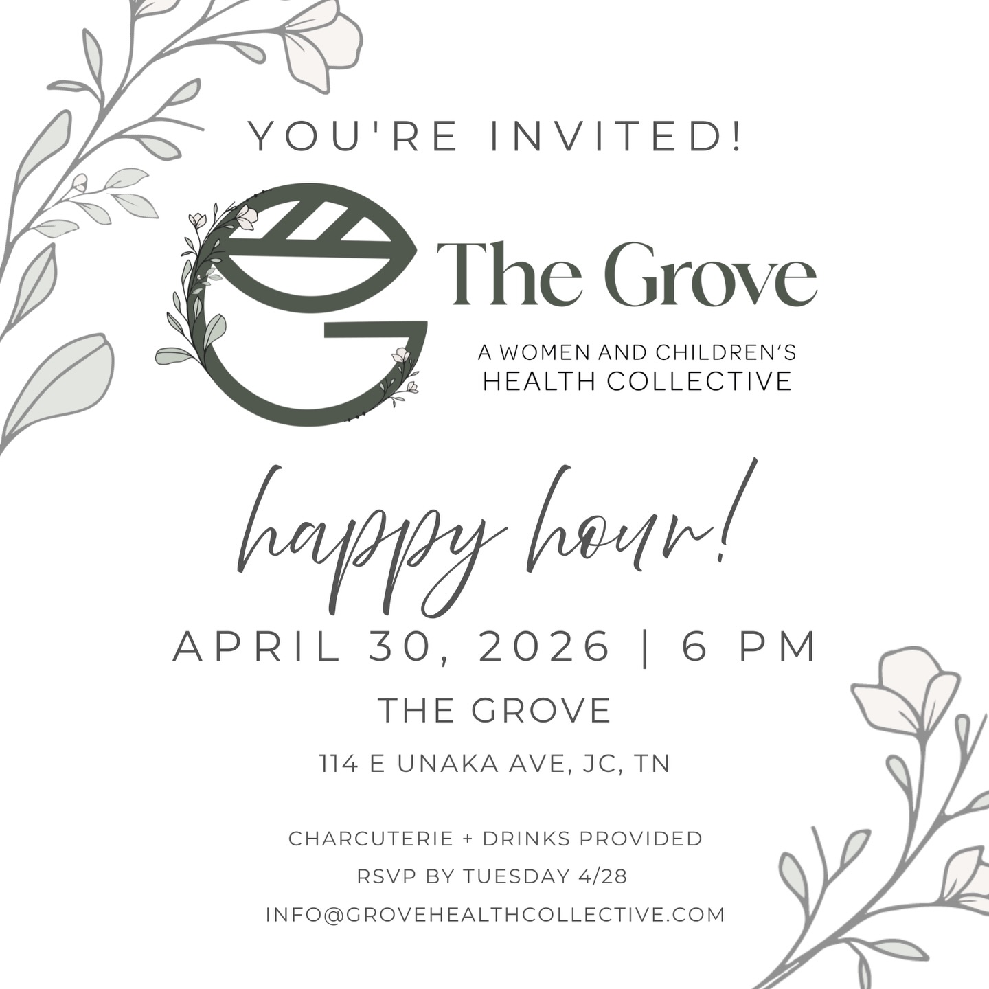 ⏰ Thursday is almost here... have you RSVP’d yet?
The first Grove Happy Hour Mixer of 2026 is happening THIS Thursday, April 30th at 6:00 PM at The Grove in downtown Johnson City!
If you’re a women or children’s health provider in the Tri-Cities we’d love for you to join us for an evening of connection, community, and conversation. Meet fellow providers, share what you do, and discover everything happening across The Grove collective!
RSVP deadline is TODAY so grab your spot before they’re gone! Link in our bio. 🔗
Know someone who belongs in this room? Tag them below or share this post! 👇
🌐 www.grovehealthcollective.com
#TheGroveHealthCollective #WomensHealthProviders #TriCitiesHealth #HealthcareNetworking #GrowTogether
