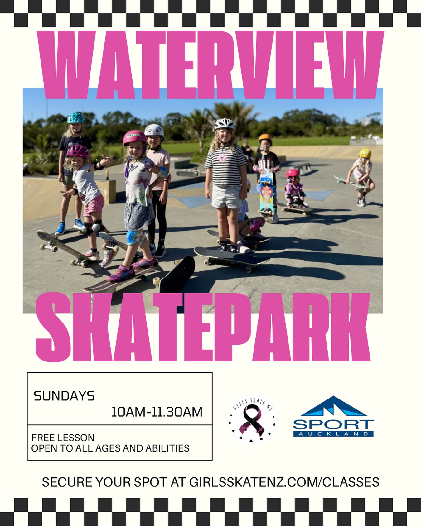 We are back at Waterview skatepark every Sunday this term! 🛹✨
These lessons are FREE thanks to Sport Auckland 🙏😍 classes are open to all ages and abilities, with skateboards and helmets available to borrow too.
Sunday 3rd, 10th & 17th of May are already fully booked, with only a couple spots left for the 31st of May. We still have a few spaces available for the following Sundays for the rest of the term, (up to 28th June) but make sure you book quick as they will go fast! Booking is essential for these lessons 🌷❤️
We can’t wait to skate with you all again at Waterview 🥰🫶
More info and to book is on our website, girlsskatenz.com/classes 💌💌