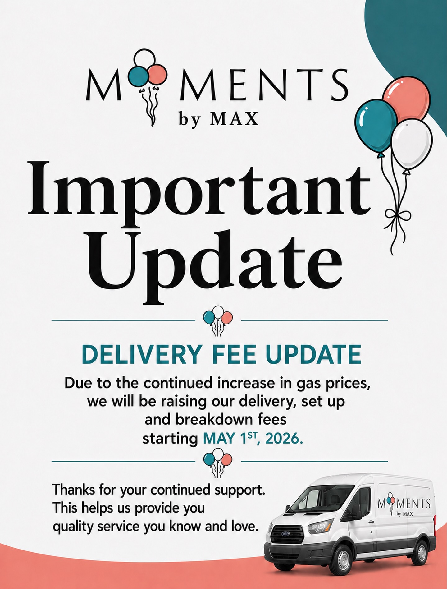 Affective immediately, due to the continued increase in gas prices, we will be raising our delivery, set up and breakdown fees starting May 1st, 2026. We thank for your continued support and understanding. This helps us provide you the same quality service you know and love from our team. ❤️