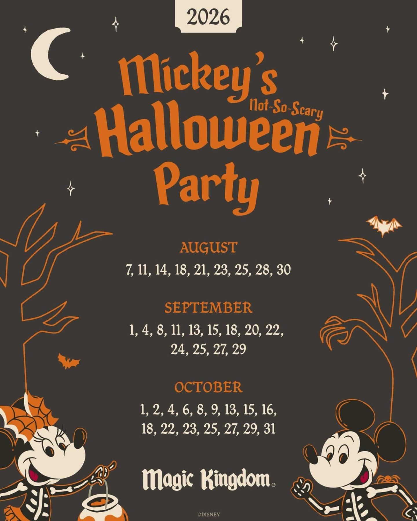 🎃👻 ¡YA tenemos fechas oficiales de Mickey’s Not-So-Scary Halloween Party 2026!
Si estás planeando Disney en otoño… este evento puede ser EL highlight de tu viaje 👀✨
🗓️ Fechas 2026:
Agosto: 7, 11, 14, 18, 21, 23, 25, 28, 30
Septiembre: 1, 4, 8, 11, 13, 15, 18, 20, 22, 24, 25, 27, 29
Octubre: 1, 2, 4, 6, 8, 9, 13, 15, 16, 18, 22, 23, 25, 27, 29, 31
⏰ Horario:
Evento: 7:00 PM – 12:00 AM
👉 Puedes entrar desde las 4:00 PM
💸 Precios:
Desde $119 hasta $229 USD + impuestos (según fecha)
🎟️ Preventa:
• Mayo 5 → Huéspedes Disney
• Mayo 12 → Público general
⚠️ Las fechas más demandadas (sí, Halloween 👀) se agotan rápido…
👉 Te dejé TODO el breakdown en mi último blog post (fechas, costos, estrategia y si realmente vale la pena)
✨ Y si quieres cotizar tu viaje con este evento incluido… ya sabes dónde encontrarme