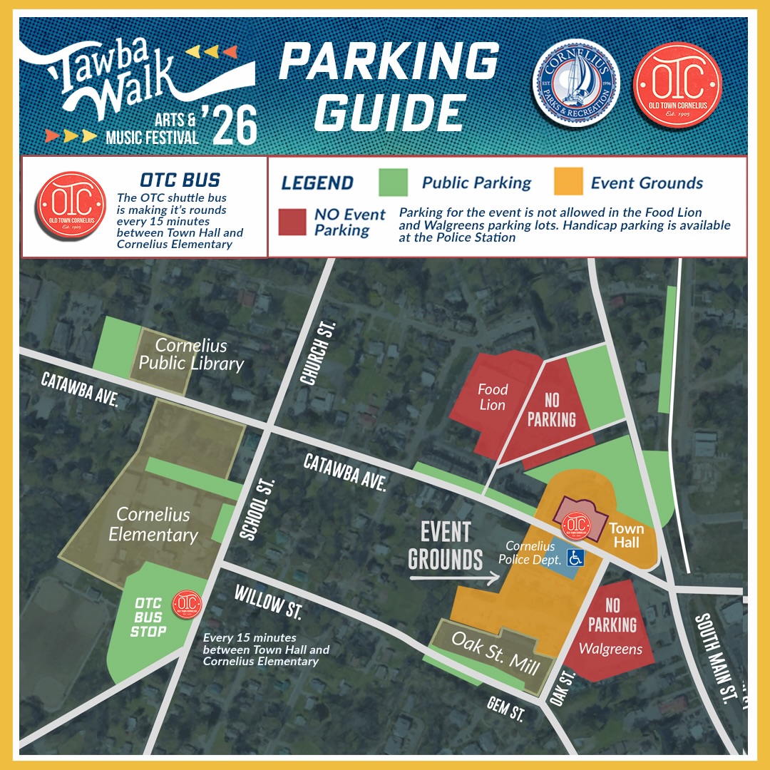 🚗 Tawba Walk Parking Guide is here—but the real move…
🚌 RIDE THE OTC COMMUNITY SHUTTLE
Running every 15 minutes between Cornelius Elementary + Town Hall, it drops you right into the action without the parking stress. No circling. No chaos. Just hop on and roll in 🎉
👉 Look for green = public parking
🚫 Red = no event parking (skip Food Lion + Walgreens lots)
♿ Handicap parking available at the Police Dept.
Grab a spot, catch the shuttle, and let’s get you to the fun faster.
See you at Tawba Walk 2–8PM 🔥
