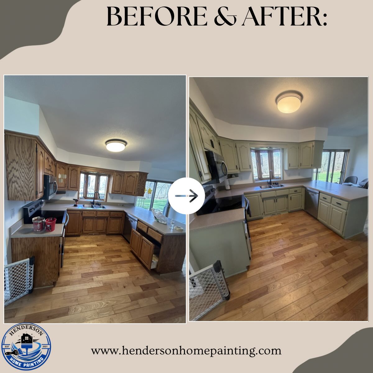 Is your kitchen stuck in the era of honey oak? It’s amazing how a professional finish can completely transform the heart of your home without the chaos of a full remodel.
Our latest transformation took these classic oak cabinets and gave them a sophisticated, fresh personality with a stunning green enamel finish. This isn’t just a coat of paint—it’s a durable, high-end finish designed to withstand the daily hustle of kitchen life.
Why go green?
• Timeless Sophistication: Muted greens act as a “new neutral,” pairing beautifully with both gold and black hardware.
• Depth & Character: Unlike standard white, green adds a layer of richness that highlights your kitchen’s architecture.
• Instant Value: A professional cabinet refinish is one of the most cost-effective ways to modernize your home’s aesthetic. #CabinetEnameling #HendersonHomePainting #CabinetRefinishing #elkriver #elkrivermn