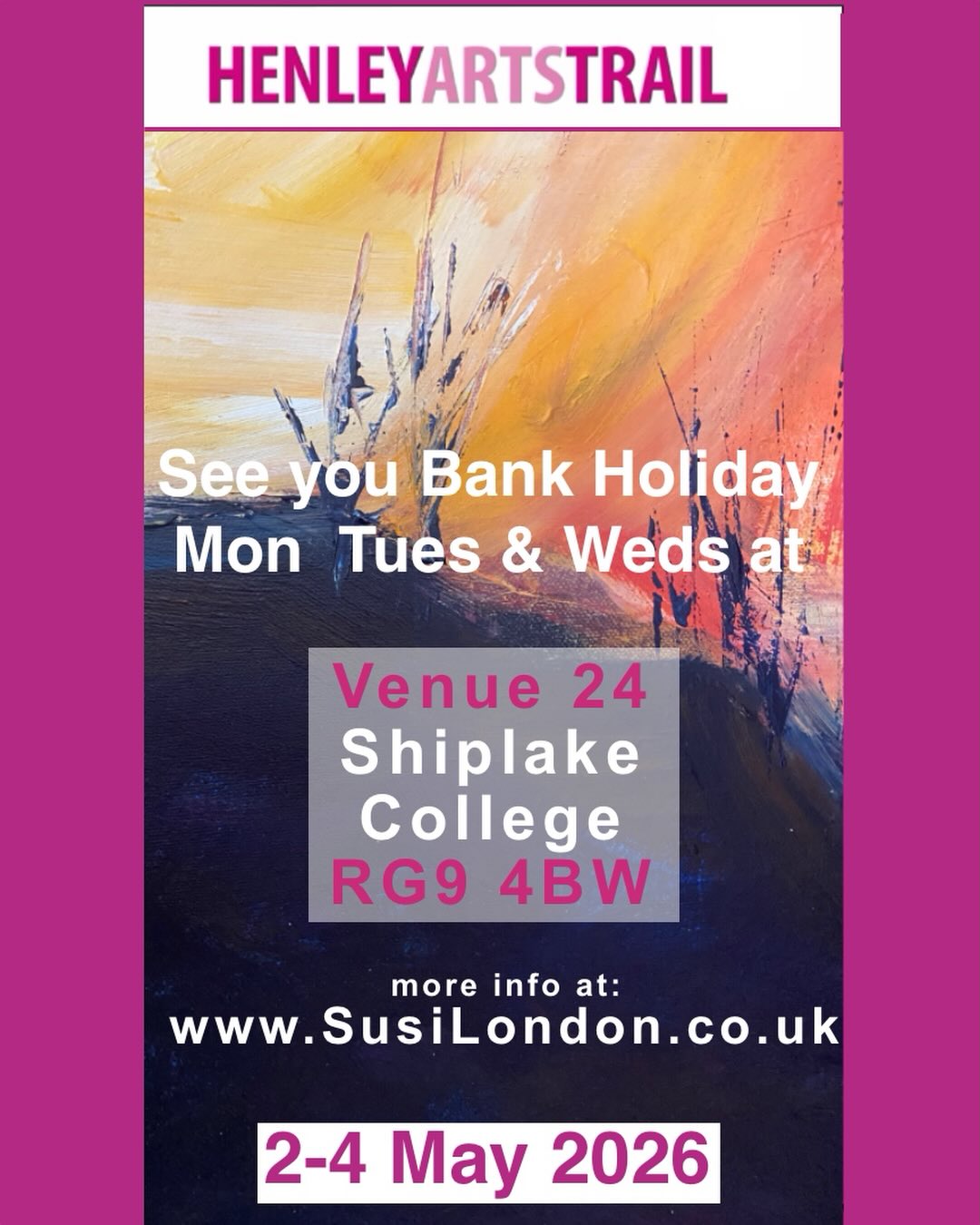 Come and have a chat and see my work this weekend at Shiplake College. Am exhibiting as part of the fabulous @henleyartstrail - see you there 😄 #artexhibition #contemporaryart