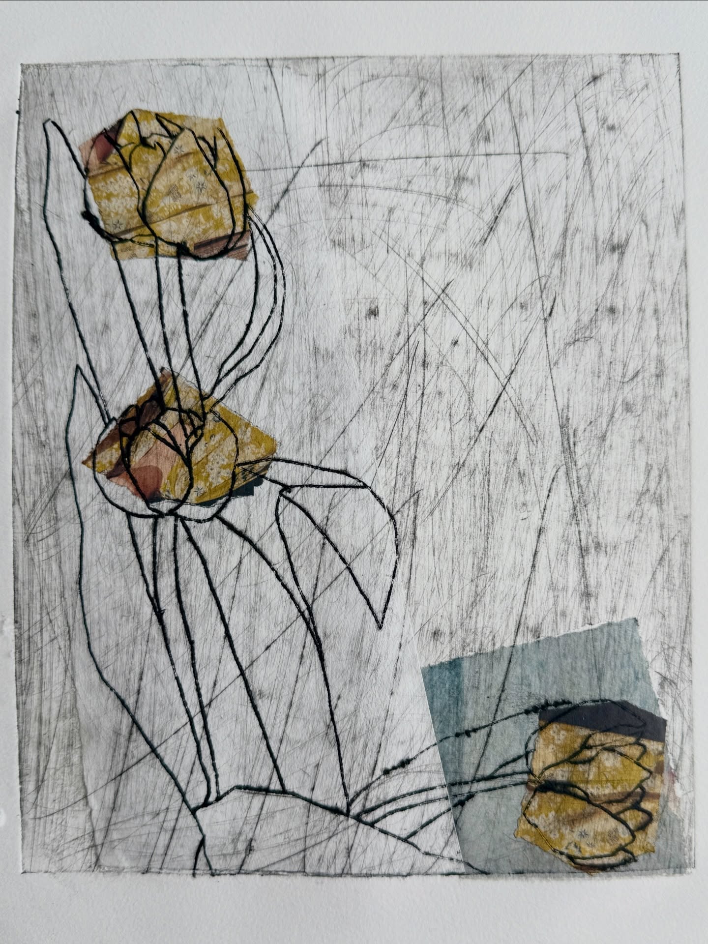 Two more drypoints with chinecollé : Poltergeist; Worktable Tulips 2 (available @southbank_printmakers in Fitzrovia new gallery this weekend!) and a pair of slippers because I’m doing them all the time #chinecollé #drypoint #followyournose #insomnia #slippers