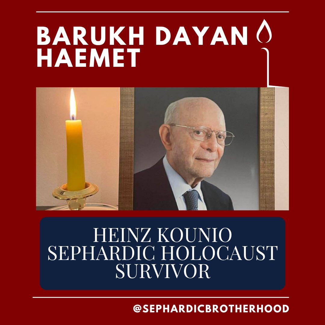 It is with tremendously heavy hearts that we learned of the passing of Heinz Kounio, one of the last living Holocaust survivors of Salonika (Thessaloniki).
Born in 1927, he was deported at just 15 to Auschwitz-Birkenau, where he endured brutal imprisonment before eventual liberation. After the war, Kounio returned to Thessaloniki and devoted his life to preserving Holocaust memory—speaking publicly, documenting victims’ names, and urging future generations to remember and prevent such atrocities. Thanks to his tireless efforts, Heinz ensured that the memory of the nearly 50,000 Salonikan Jews murdered in the Holocaust will never be forgotten.
Ke Su Alma Repoze en Ganeden - May his soul rest in the Garden of Eden 🕯️