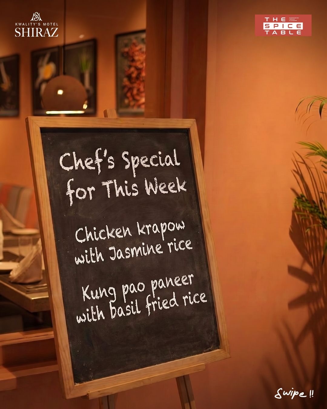 Mid-week blues? Meet your cure.
Introducing this week’s Chef Specials:
1️⃣ Chicken Krapow + Jasmine Rice
2️⃣ Kung Pao Paneer + Basil Fried Rice
Elevate your dining experience at Kwality’s Motel Shiraz. Which one are you picking first?
Chef’s Special Menu, Bhopal Foodies, Fine Dining Bhopal, Pan-Asian Cuisine, Kwality’s Motel Shiraz, The Spice Table, Weekly Specials.