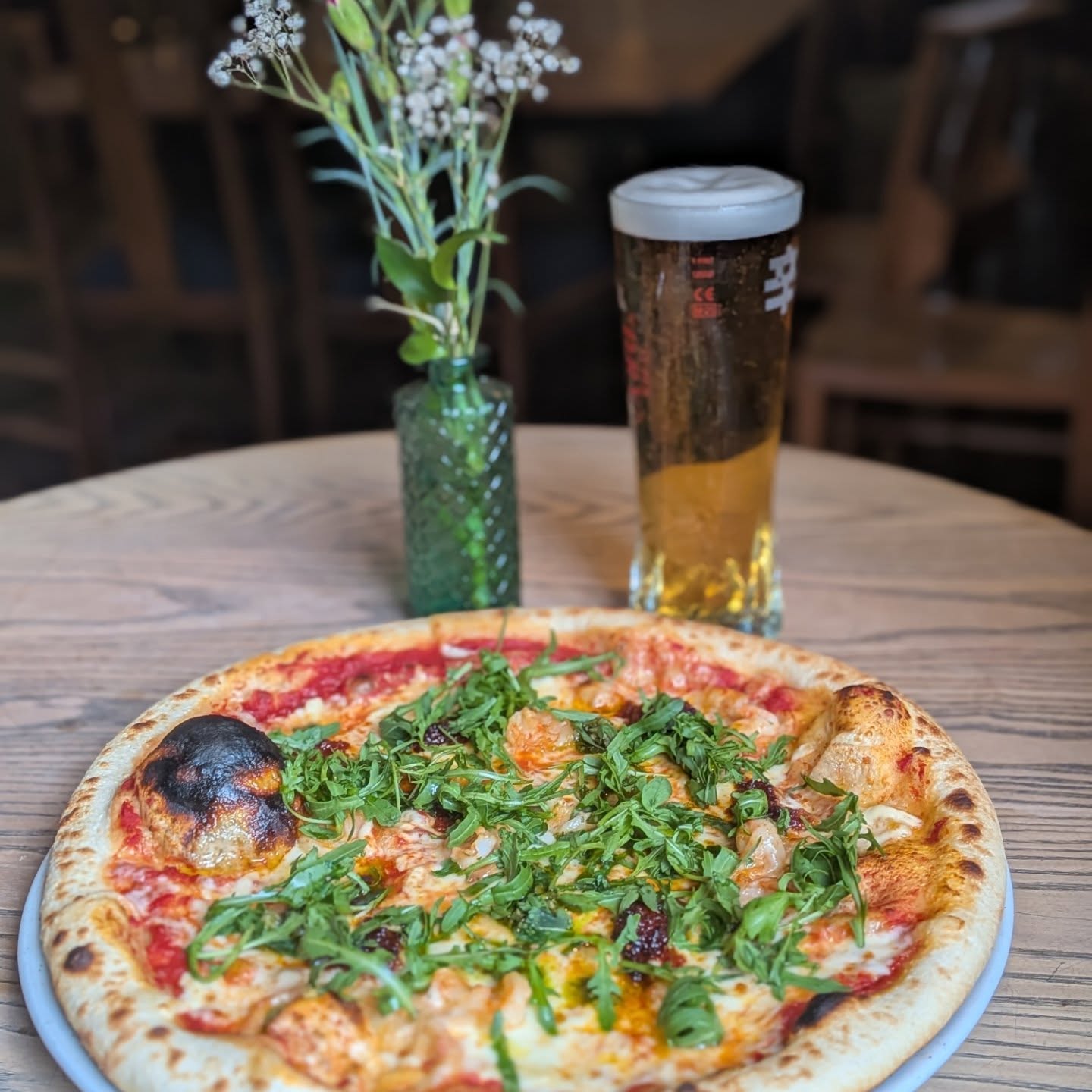 Sobrasada and King Prawn Pizza with Salsa Verde and Rocket. Paired perfectly with a crisp pint of Asahi #sliceofheaven #incrustwetrust #sliceslicebaby