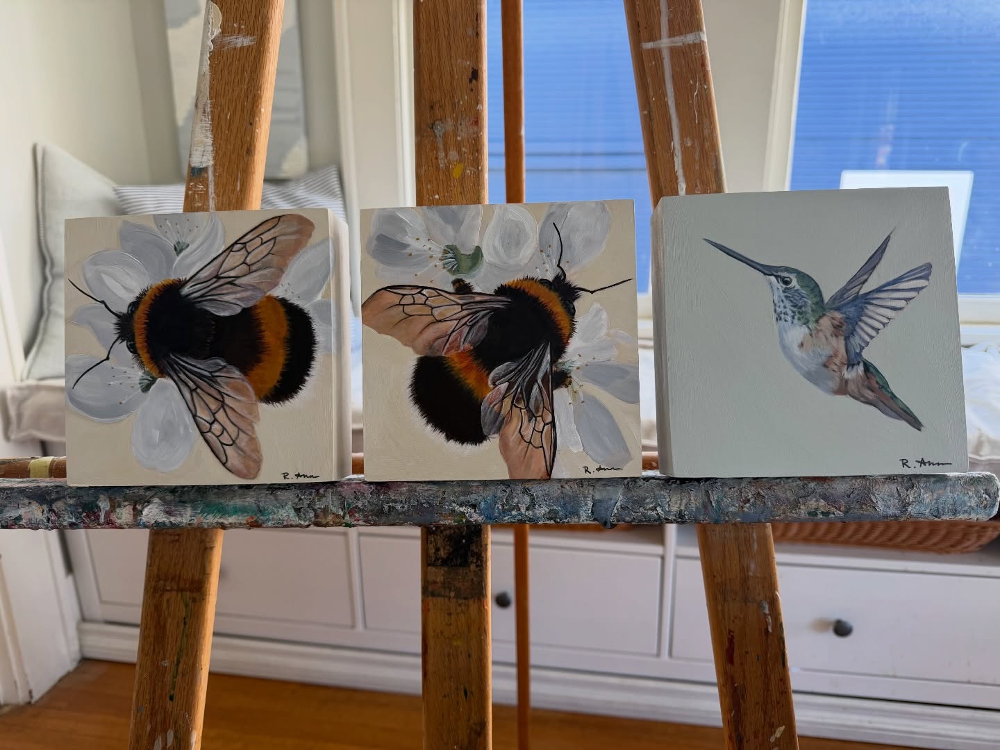 Round 2 went to Capers this morning…replacing the round 1 paintings that flew/hopped away to their new homes already 😃!
The bumble bees were the first “winged” subjects I painted last year and really started my big love for painting birds/animals. How fun to revisit painting beautiful bumblebees again (and as Mother’s Day approaches I can’t help to ponder the similarities between the busy bumblebees working so hard to hold up the world and its beauty and the work of mothers 💗).