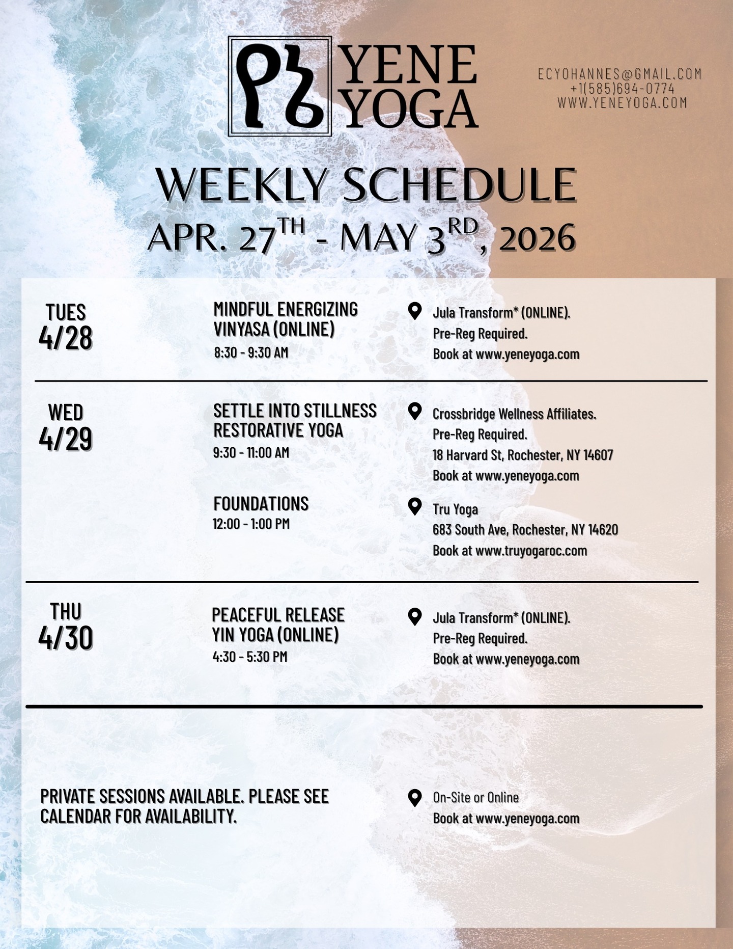 This week's newsletter, The Potentiality of the Padma - पद्म, is now live! Read on for a discussion of the circularity of life through the symbol of the Lotus, announcements, and this week's schedule.
https://www.yeneyoga.com/so/25PtAE4gu?languageTag=en
📢 ANNOUNCEMENTS
Join me this Wednesday, 9:30 - 11:00 AM, for the final session of Settle into Stillness Restorative Yoga @crossbridgewellness as we explore self-connection, support, and rest. Pre-registration is required. See newsletter for details and for a private session promotion!
🗓️This Week's Schedule:
🌊Tuesday 4/28
🪷Mindful Energizing Vinyasa (ONLINE)
8:30 - 9:30 AM EST
Jula Transform
Held ONLINE
$10 flat-rate
Please book at least 30 min* before
🌊Wednesday 4/29
🪷Settle into Stillness Restorative Yoga
9:30 - 11:00 AM EST
Crossbridge Wellness Affiliates
18 Harvard St, Rochester, NY 14607
$10/$15/$20 Sliding Scale pricing. Pre-Registration Required.
🪷Foundations*
12:00 - 1:00 PM EST
Tru Yoga
683 South Ave, Rochester, NY 14620
$10/$17/$22 Sliding Scale pricing
*All Tru classes must be booked directly through Tru at www.truyogaroc.com
🌊Thursday 4/30
🪷Peaceful Release Yin Yoga (ONLINE)
4:30 - 5:30 PM EST
Jula Transform
Held ONLINE
$10 flat-rate
Please book at least 30 min* before
#rochesteryoga #events #beginner #free #vinyasa #yin #restorative #peace #rest #thingstodo #rochesterny #yoga
