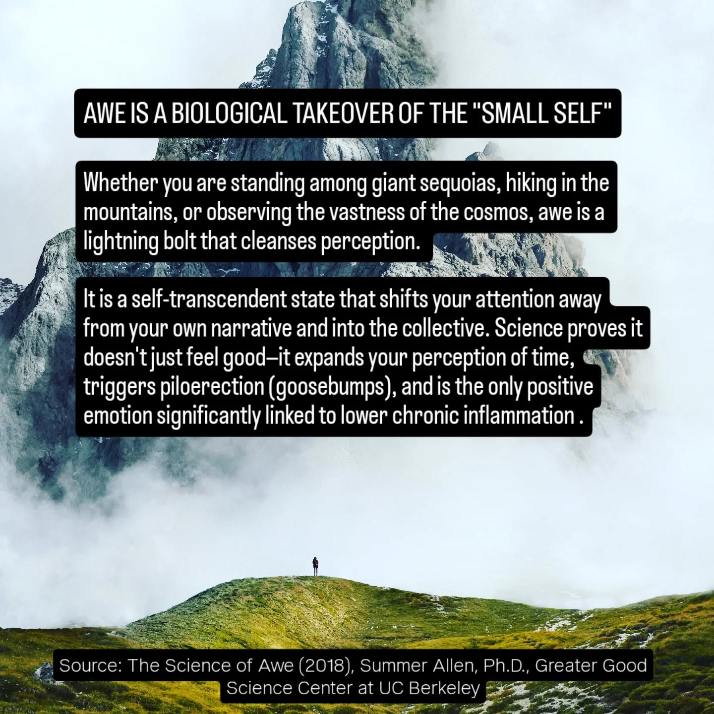 While philosophers and religious scholars explored awe for centuries, it was largely ignored by psychologists until the early 2000s. Empirical research now confirms that awe is a complex, mysterious emotion that serves a vital biological and social function.
By inducing the "small self" effect, awe makes us feel insignificant relative to our surroundings- whether that is a virtuosic musical performance or the scale of the universe. This cognitive shift creates a "need for accommodation," forcing the brain to restructure its worldview and think more critically.
The physical effects are just as profound. Awe alleviates the modern plague of "time starvation" by immersing us in the moment, making time feel plentiful. It is also the only emotion studied that predicts lower levels of proinflammatory cytokines (IL-6), which are markers of chronic disease. Ultimately, by diminishing the individual self, awe fosters humility and makes us more generous toward others.
It is the biological reset that proves we are part of something much greater than ourselves.
Source: The Science of Awe (2018)
Author: Summer Allen, Ph.D.
Institution: Greater Good Science Center at UC Berkeley