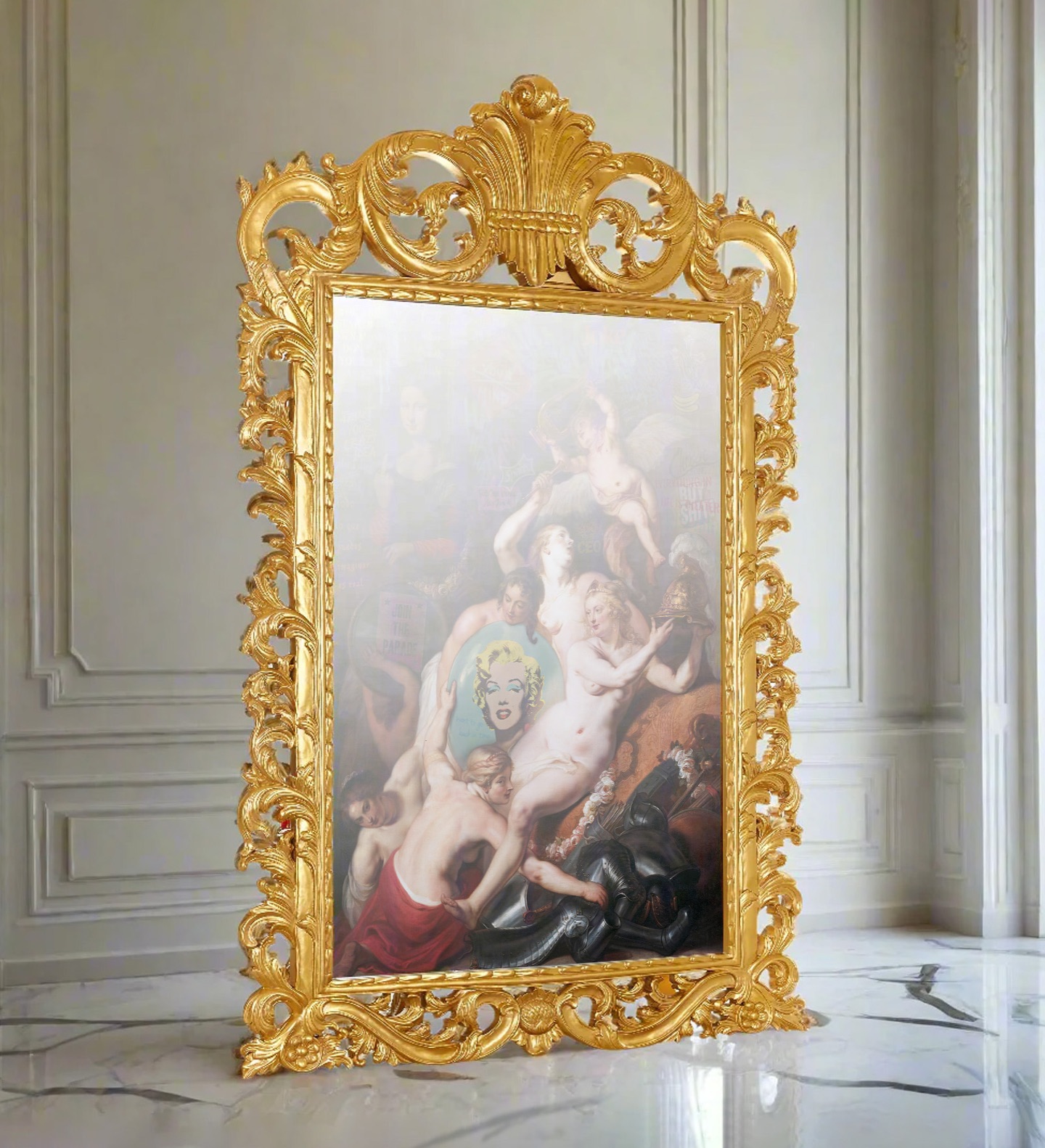 A new dimension by Marco Battaglini: not just an artwork, but a portal.
A mirror crowned with opulence transforms into a Battaglini painting; yet it never loses its power to reflect. You don’t just look at the myth… you enter it. Your image merges with classical beauty, pop echoes, and timeless symbols, dissolving the boundary between observer and artwork.
Here, space collapses. Time fades. Identity shifts.
You stand inside the canvas, becoming a living fragment of a new mythology; where the past is rewritten through your presence, and the present becomes eternal.
This is no longer representation.
This is transformation.
Look closer. Step in. Become the myth.
#PortalArt #BattagliniMyth #LivingArtwork #BattagliniUniverse