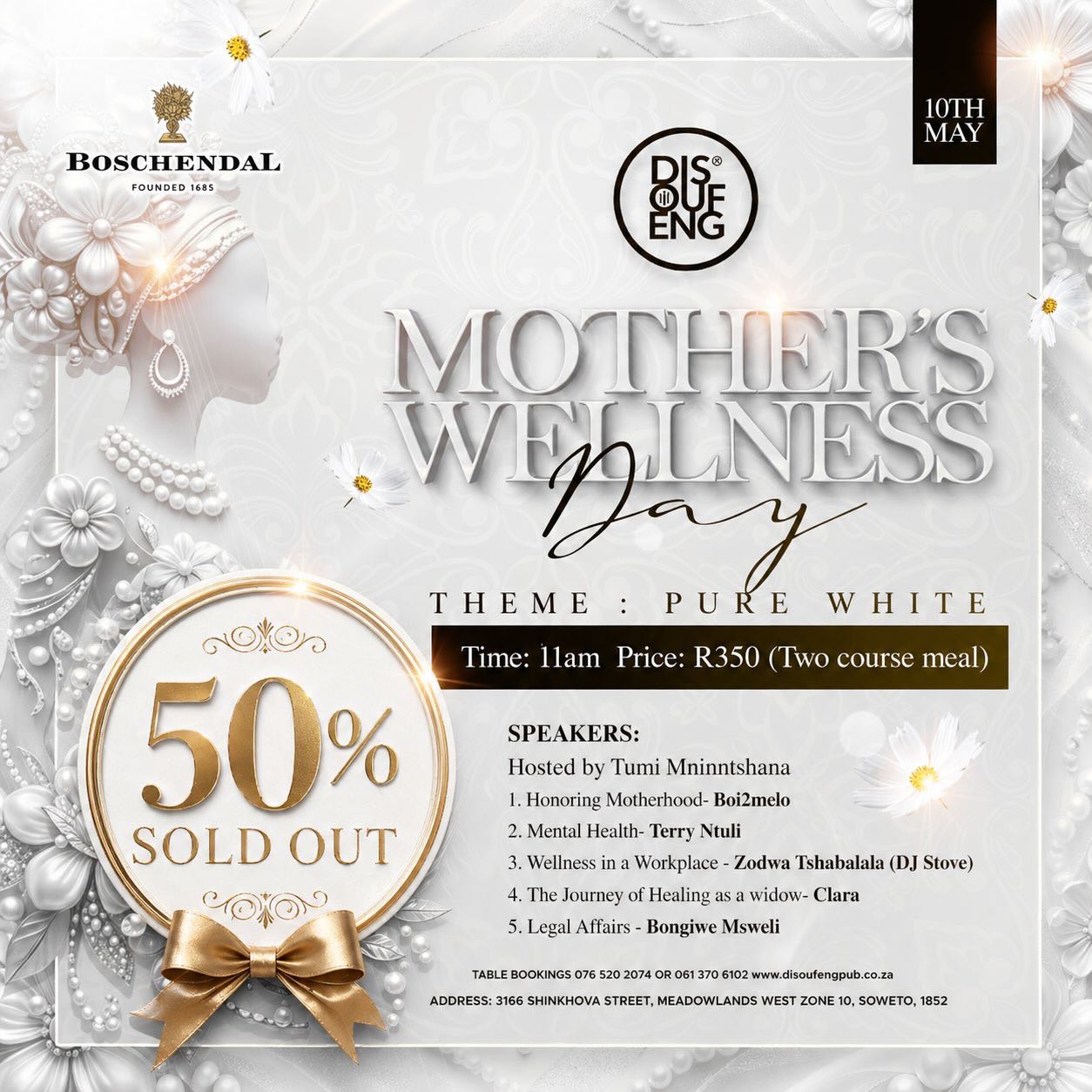 50% SOLD OUT already… and we’re just getting started ✨
Join us for a beautiful Mother’s Wellness Day — a space to heal, grow, and celebrate womanhood 🤍
📍 Disoufeng
📅 10 May
🎟 Limited seats remaining
Secure your spot before it’s completely sold out.
📞 Bookings: 076 520 2074 / 061 370 6102