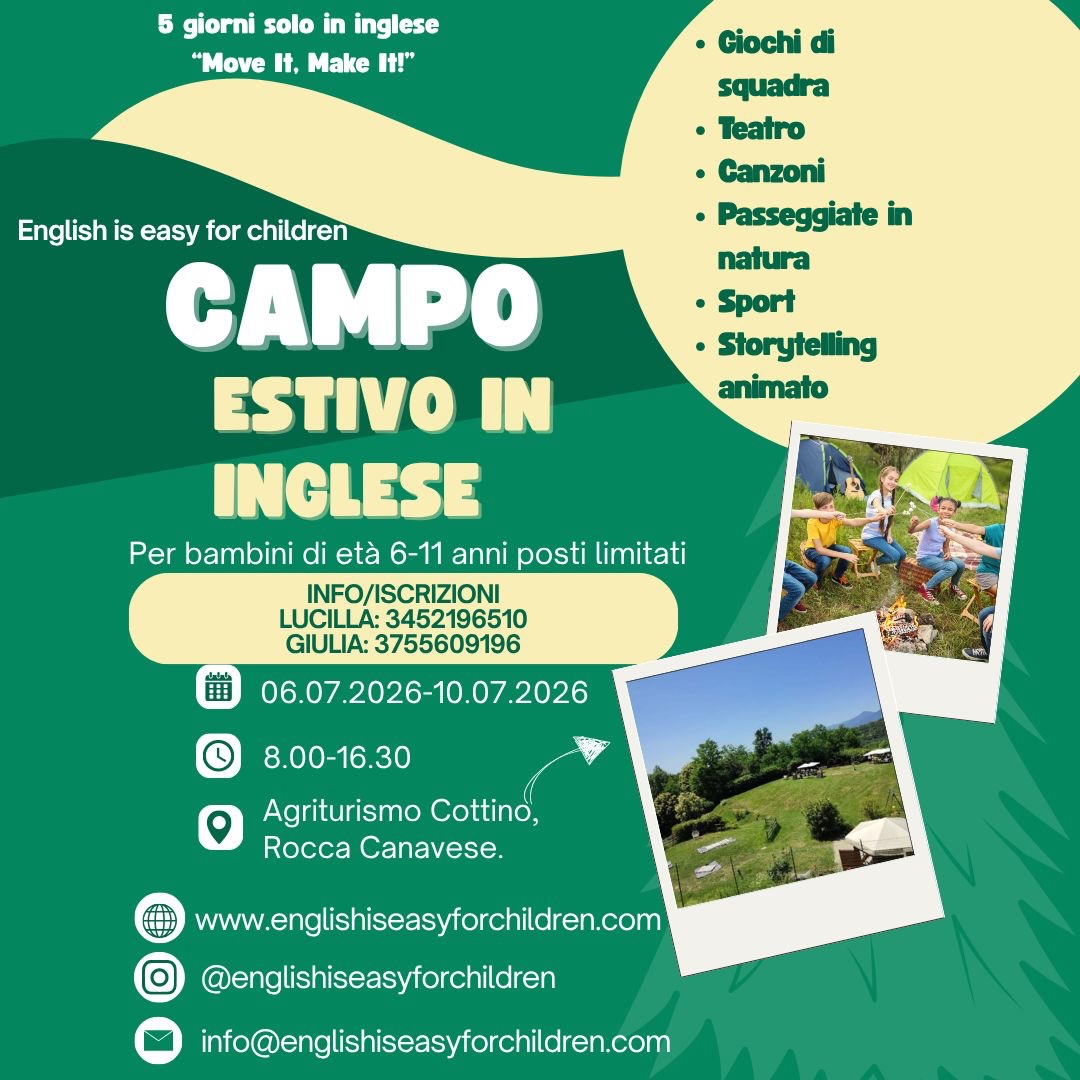 🇮🇹Una settimana dedicata all’inglese e alla natura per i bambini della scuola primaria e prima media.
📋I posti sono davvero limitati: vogliamo garantire ad ogni bambino attenzione e cura personalizzate!
🐦⬛Prezzo early bird fino al 15 maggio.
✍️Scrivi per saperne di piu’
🇬🇧 One week of English and outdoor fun for primary and middle schoolers! 🍃 Spots are limited to ensure personalized care for every child. 🐦⬛ Early bird price available until May 15th. DM us for details! ✍️
#englishiseasyforchildren #vallidilanzo #summercamp #englishsummercamp #roccacanavese