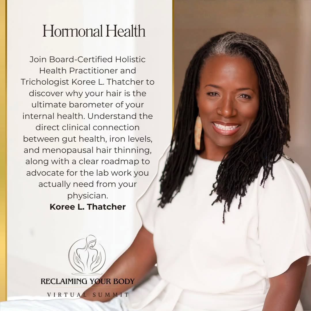 "Normal" is a range. It isn't always a destination. When you’re in your Second Spring, your body starts speaking a different language. One day it's suddenly shedding and another day it's a gentle whisper.
One of the most common whispers I see in my clinical practice? Hair thinning.
Most women are told their bloodwork is "fine." But here is the truth: Your body performs an Intelligent Triage. When your internal resources are low, your system doesn't ask permission—it pivots. It pulls the iron, the oxygen, and the energy away from your "luxury" hair follicles to fund your vital organs.
If you are stuck in the bottom tier of a lab’s "normal" range, your body is in survival mode. And hair does not grow in survival mode.
It’s time to stop being a passive observer of your own thinning and become the primary advocate for your biological health.
Join me at 12pm at the Reclaiming Your Body Virtual Summit, where I’m decoding the "Silent Language" of your cells and giving you the exact roadmap to demand the labs you actually need.
You aren’t failing. Your internal landscape is just shifting. Let’s shift it back.