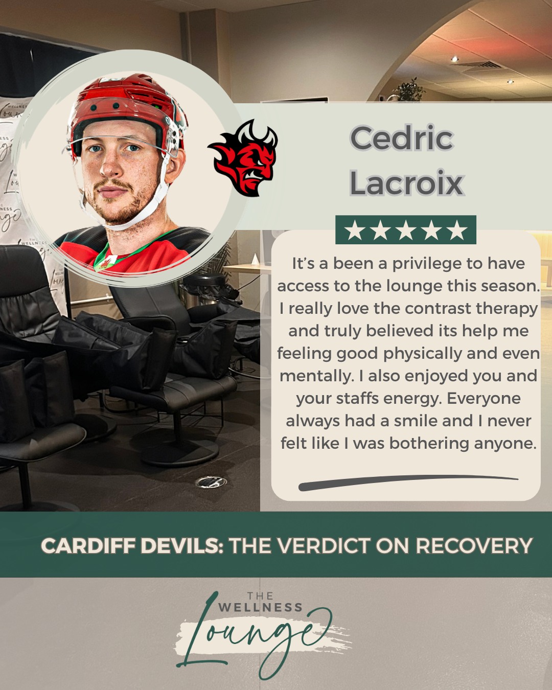 To celebrate the end of the season, we're sharing a series of reviews from the Cardiff Devils players who have been recovering with us this year. In this series, we'll show you some of their highlights... next up is Cedric Lacroix:
"It’s a been a privilege to have access to the lounge this season. I really love the contrast therapy and truly believed its help me feeling good physically and even mentally. I also enjoyed you and your staffs energy. Everyone always had a smile and I never felt like I was bothering anyone."
It has been an absolute pleasure hosting the Devils this year. Whether you are an athlete or a wellness seeker, come and find out why the pros choose our Contrast Therapy Lounge for their recovery.
Book your session via the link in our bio.
#CardiffDevils #WellnessLounge #Recovery #Cardiff