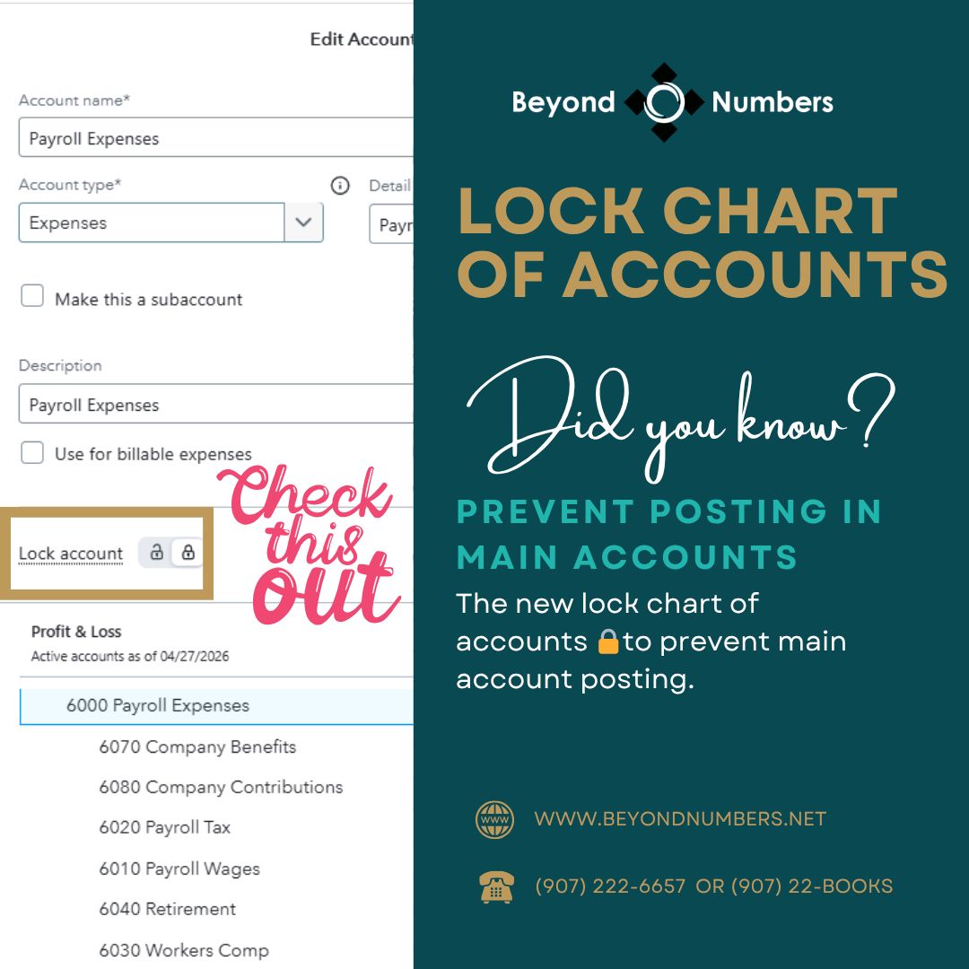 I’m a little too excited about this one 😅
And I hope I just made some of my fellow accountants’ day…
Look at this.
You can now lock your Chart of Accounts in QuickBooks Online and prevent posting to specific accounts 🔒
No more:
❌ Accidental postings
❌ “Why is this hitting THIS account?” moments
❌ Fixing things that were set up right to begin with
I’m not going to lie…
I’m trying really hard not to spend an entire day going through and turning this on for every single client 😂
Because THIS is the kind of control we’ve been needing:
✔️ Cleaner books
✔️ More consistency
✔️ Less cleanup work
Set it up right… and now we can actually keep it that way.
Tell me I’m not the only one fighting the urge 👇
#QuickBooks #AccountantsLife #Bookkeeping #ProcessImprovement #BeyondNumbers