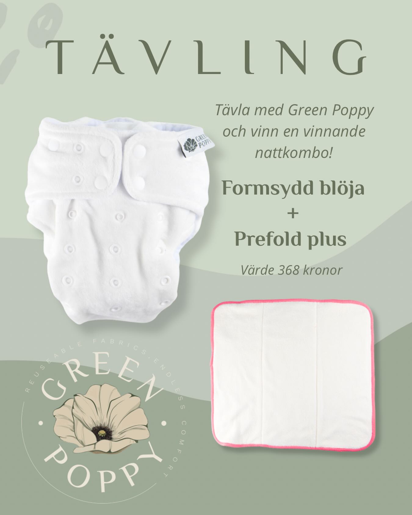 TÄVLA MED GREEN POPPY - vinn vår älskade nattkombo 😍👏I samband med tygblöjeveckan så drar vi igång en tävling där du har chans att vinna en formsydd blöja och en prefold plus 🔥Denna kombo är perfekt att ha nattetid, särskilt för barn som har slutat bajsa på natten och du behöver en absorberande lösning som håller, och håller och håller. Test visar att kombinationen kan absorbera 800 ml vätska! 🤯Kombon behöver kompletteras med tex ett pul-skal 💚För att vara med och tävla så är reglerna enkla:
🩷 följ @greenpoppy.se på instagram
🩷 gilla detta inlägg på Instagram
🩷 svara på frågan: använder du tygblöjor idag eller är du nyfiken på att prova?
🩷 tagga en vän som du också tror vill tävla
🩷 du kan tagga flera vänner i nya kommentarer, varje kommentar ger ökad chans att vinna (du behöver inte svara på frågan fler gånger)
🩷 dela gärna - inget krav!Tävlingen pågår hela veckan - till och med 3 maj och vinnare kontaktas strax därefter via dm!Tävlingen är inte administrerad eller sponsrad av meta.Lycka till! ✨