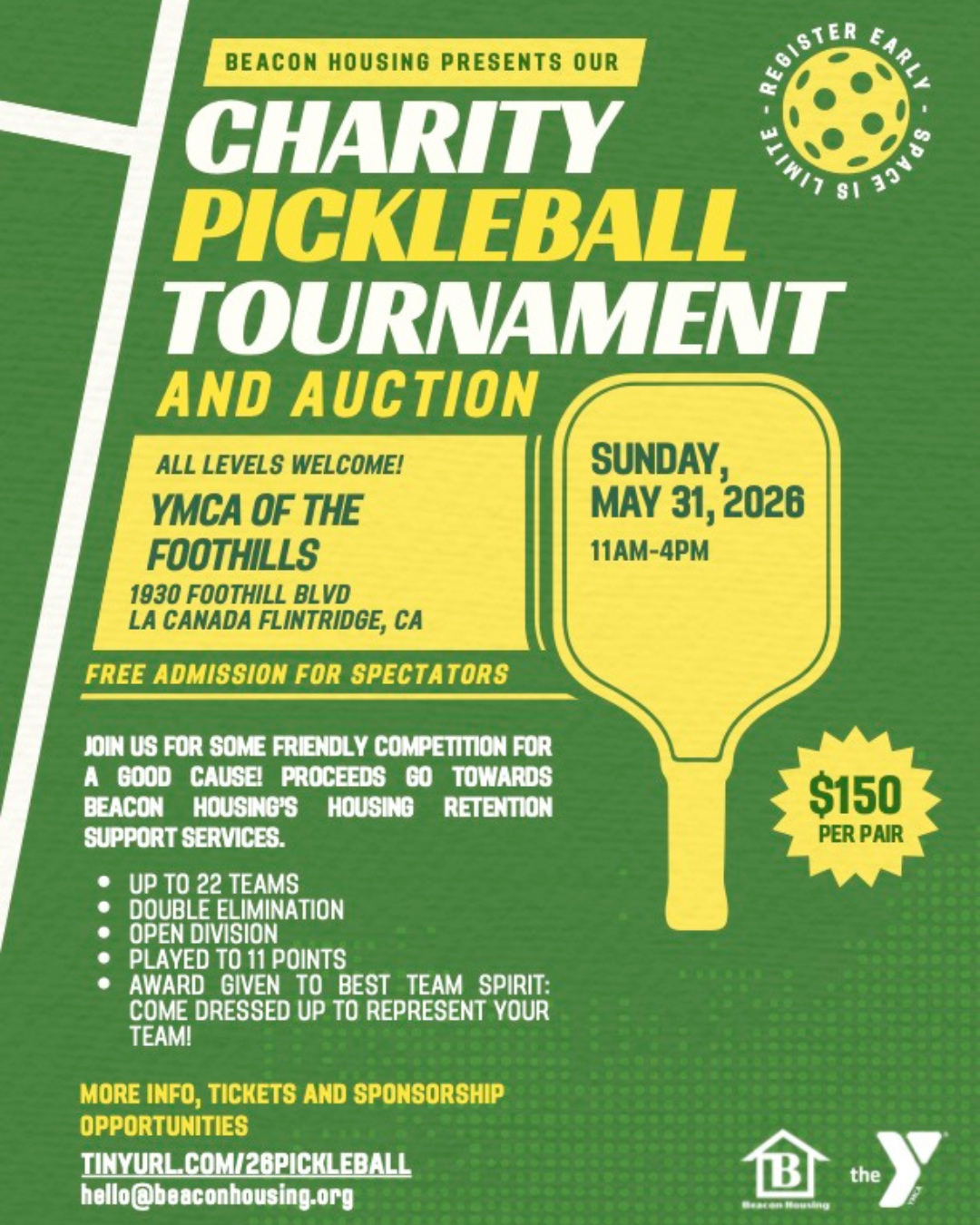 Serve up some fun—for a great cause!
Join us for some friendly competition for a good cause! Proceeds go towards @beaconhousing housing retention support services.
📅 Sunday, May 31
⏰ 11AM–4PM
📍 Crescenta-Cañada Family YMCA
🌟 All skill levels welcome! Whether you're a seasoned player or just love the game, there’s a spot for you on the court.
🎟️ Tickets + sponsorship info:
TINYURL.COM/26PICKLEBALL
Let’s rally together for a cause that matters. 💛
#pickleball #tournament #charityevent #charity #auction #pickleballtournament