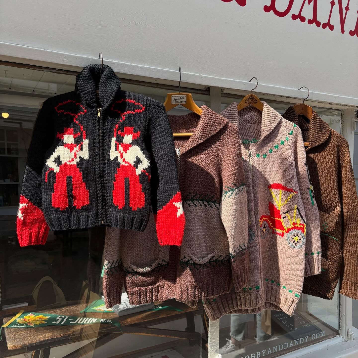 Another drop of some wonderful vintage Mary Maxim 1950s- 1960s cowichan cardigans 🤠 .
These beauties were hand- knitted at the time, 100% wool, featuring some great novelty designs! {Nb. Sorry but mini Cowboy is coming home with me for my little girl!}
L- R: Cowboy, Graph Pattern, Antique Autos & Golf.
#vintagecowichan #vintagemarymaxim #cowboycowichan #marymaximcowichan #marymaximsweater