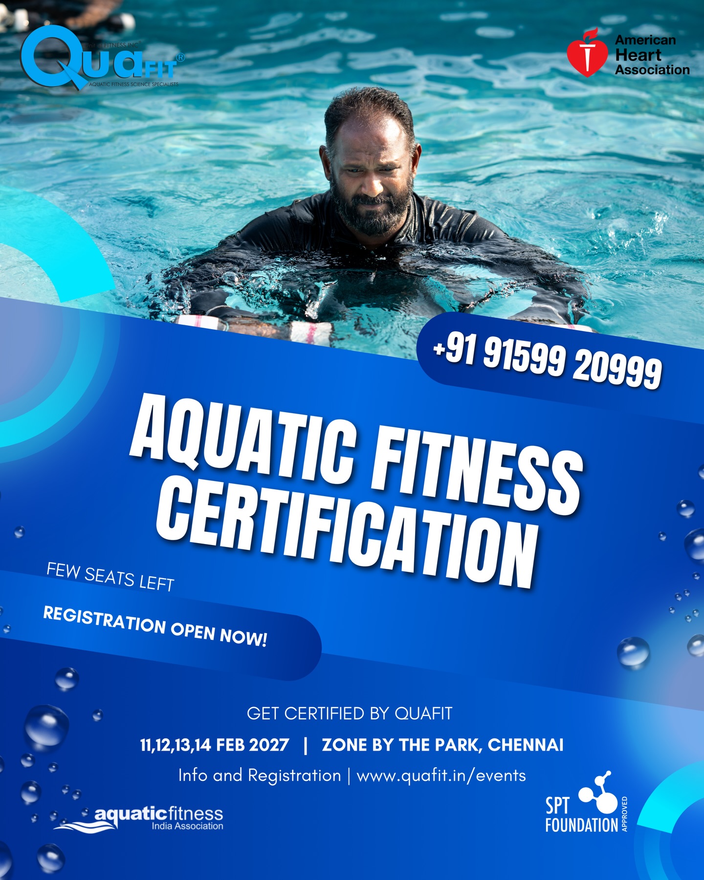 Batch 7 (2027) REGISTRATION IS OPEN. Don’t miss your chance to excel in aquatic fitness! Quafit's Globally recognised certification program is in Chennai on February 11-14, 2027. Learn from top professionals and get certified in
AHA CPR & AED,
foundational aquatic fitness,
safety measures,
stretches, and
program design.
Limited seats available!
Contact +91 91599 20999 or
info@quafit.in.
Venue partner: @zonebythepark_chennai ,
Imaging partner: @clickflickpictures
#AquaticFitness #InstructorCertification #quafit #fitnesscertification cprtraininG