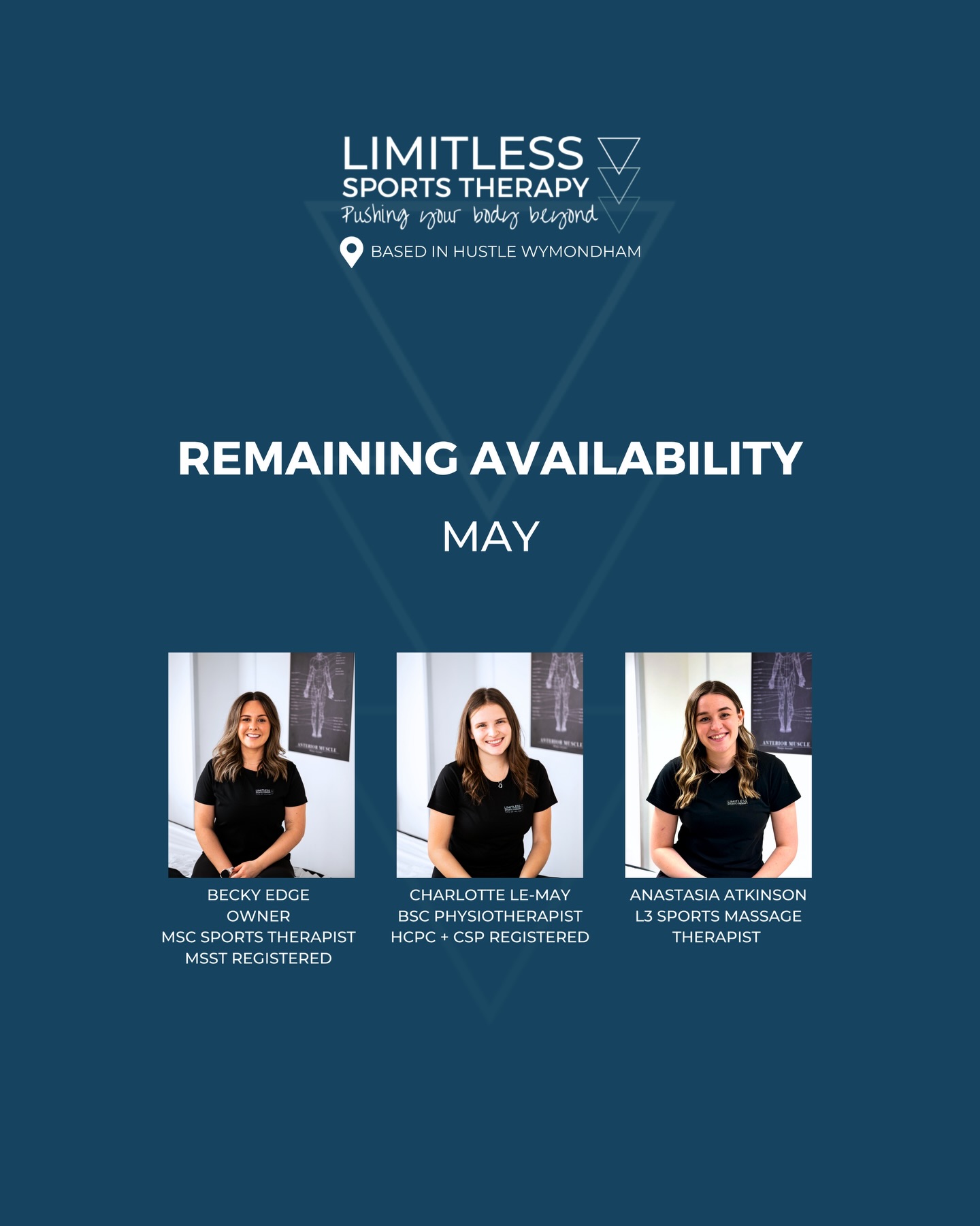 Mays Availability ✨
•
Check out our availability between the Limitless Sports Therapy team based in Wymondham, Norfolk
•
💁🏻♀️ @becky_sportstherapy
💁🏻♀️ @charlotteluisalemay
💁🏻♀️ @anastasiaatkinson_
•
🏠 @hustle_wymondham
📍 Wymondham, Norfolk