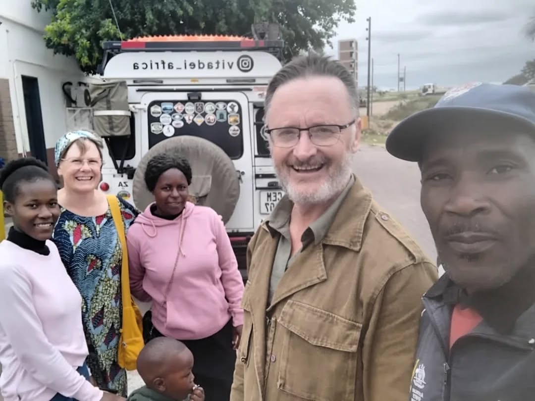 Mozambique Outreach
23 April 2026
Day 11
We left Mapungubwe National Park bright and early, knowing we had the border crossing and a good way to go in Zimbabwe until we reached Masvingo. The border at Beitbridge was where Riekert and I started our journey in 2023. Then we had a lovely young woman from the tourist association who assisted us through the maze of red tape… Now everything has to be filled out on the internet within the big hall, but it is still very complicated and it took us ages to get through the whole process.
We wanted to meet up with Tarisai Mbetsi to say hello and give him a gift and he and his family waited for us at the Engen garage. Perfect, his wife, Praise, his 19 year old daughter, Goodwill, his 4 year old son were all waiting for us and it was lovely to see them again and remember how hospitable they were when we visited them last time we were here. Tarisai helped us obtain sim cards and we were grateful for his kind assistance and patience. We spent a short time catching up on their news, prayed together and then continued on our way.
The wet season is at an end but we have had 3 days of rain. The condition of the roads are good in some places and terrible in others. There are animals roaming the verges and we never drive in the dark. We turned into a gravel road just before 5 and found a wonderful wild camping site on an enormous rock. The sound of animal bells in the distance and the drip of rain on our tent was a lullaby. We felt very privileged to sleep in such a perfect spot on our first night in Zimbabwe!