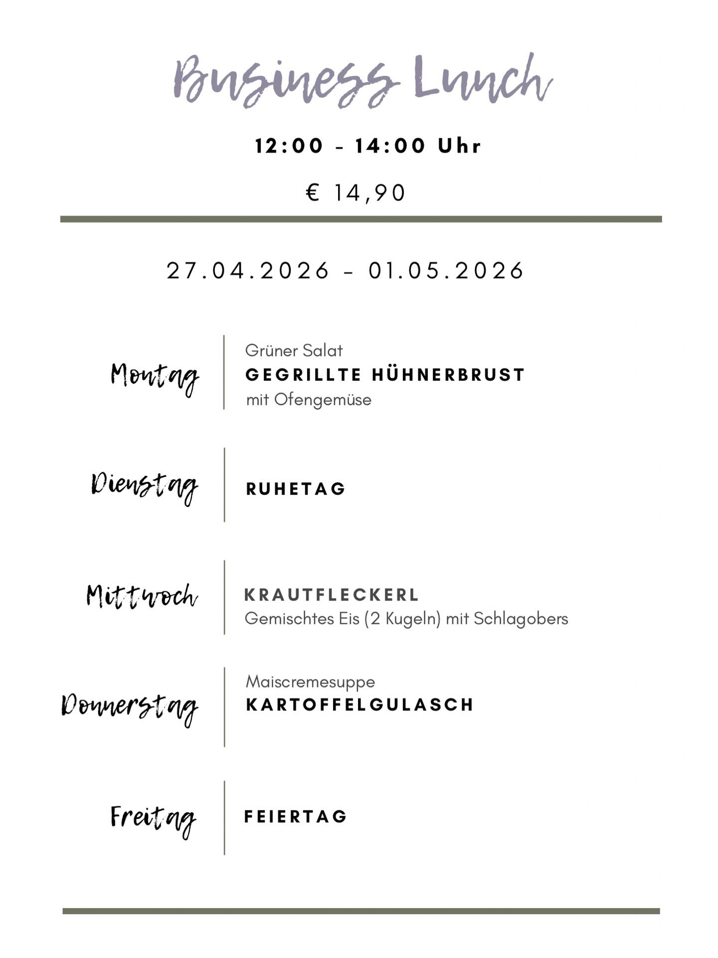🍕Business Lunch X Wrannissimo 🍸
27.04.- 01.05.2026
Wir freuen uns auf euch! ♥️
