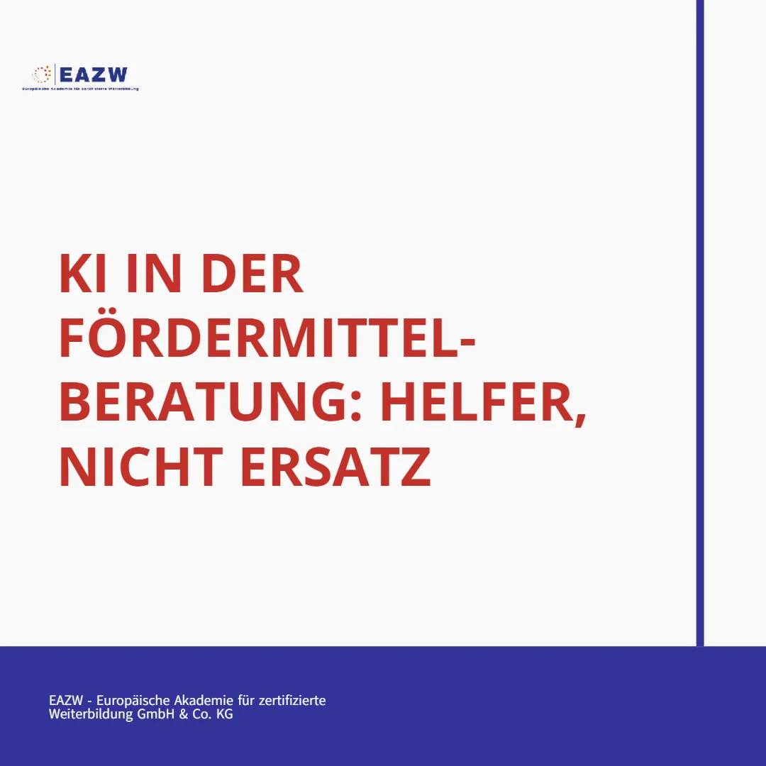 KI in der Fördermittelberatung: Unterstützer, nicht Ersatz 🤝
Wenn die Förderwelt ein gut gefüllter Werkzeugkoffer ist, dann ist KI der clevere Assistent mit Taschenlampe. Sie hilft beim Sortieren, Recherchieren und Formulieren. Schnell, strukturiert und ohne Kaffepause.
Was KI gut kann:
• Förderprogramme vorstrukturieren
• Textbausteine für Anträge liefern
• Inhalte recherchieren, zusammenfassen und vergleichen
Was KI nicht gut kann:
• den fachlichen Kontext sauber bewerten
• förderfähige Strategien entwickeln
• kreative, passende Lösungen für echte Fälle finden und dabei über den Tellerrand blicken
Genau an diesen Stellen bleibt menschliche Kompetenz unverzichtbar: Fördermittel-Expert*innen denken vernetzt, erkennen Spielräume und bringen die Erfahrung mit, die aus Daten echte Entscheidungen macht.
Für alle, die KI im Fördermittelmanagement praxisorientiert und mit Substanz nutzen wollen, lohnt sich der Blick auf unsere hochschulzertifizierten Weiterbildungen in Zusammenarbeit mit dem Bundesverband deutscher Fördermittel-Berater e.V. und die Website. Dort findest du einen kostenlosen Rollen-Check Fördermittel, mit dem du blitzschnell herausfinden kannst, welche Rolle im Fördermittelbereich am besten zu dir passt.
EAZW - Wissen, das wirkt 🚀
#fördermittel #förderung #finanzierung #unternehmertum #mittelstand