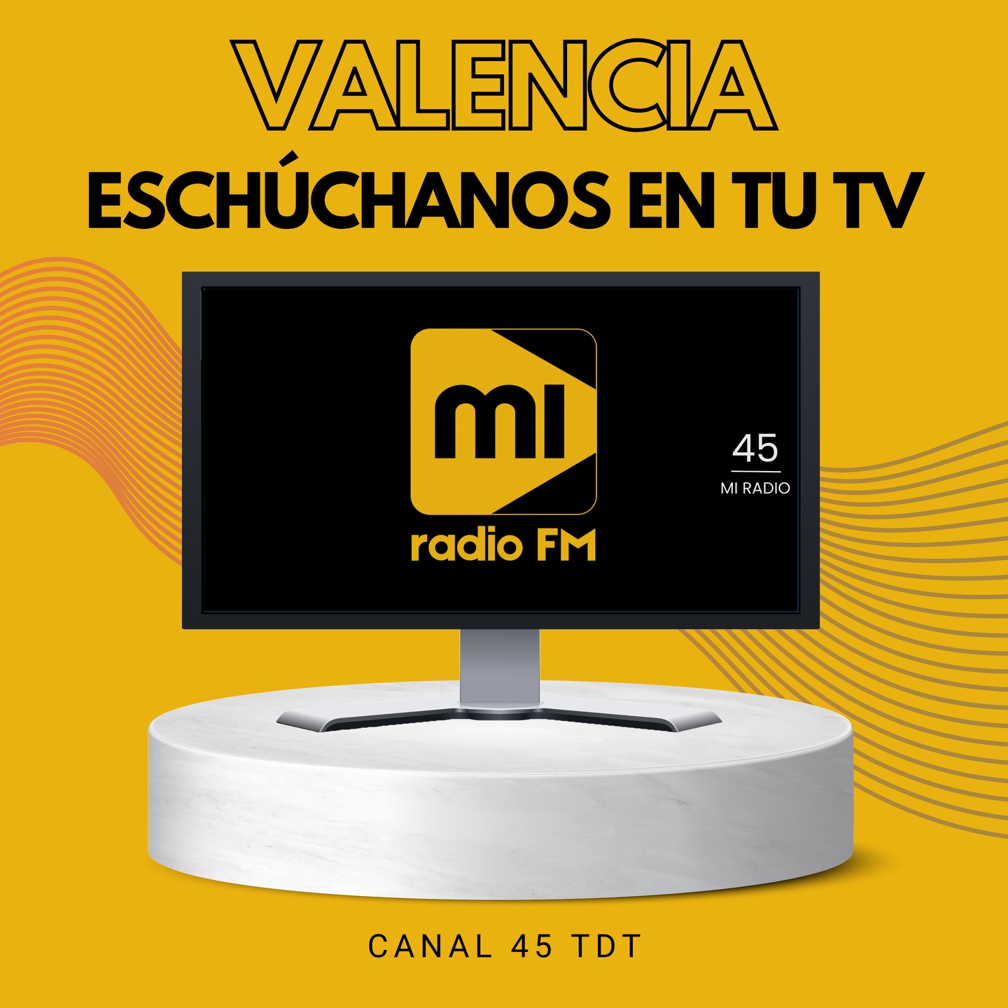 📢 ¡Valencia, estamos en tu TV!
Ahora puedes escuchar Mi Radio FM también en la TDT 🎶📺
Sintonízanos en el canal 45 y disfruta de la mejor música, entretenimiento y toda nuestra energía… ¡como nunca antes!