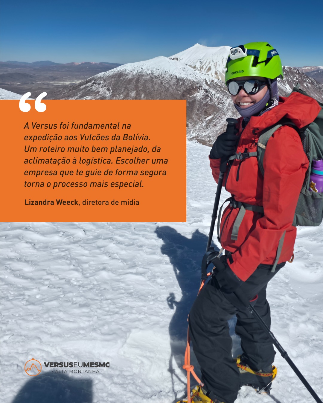 Estar a mais de 6.000 metros de altitude exige confiança em cada decisão tomada na montanha.
O relato da Lizandra sobre a expedição boliviana reforça o compromisso da VersusEuMesmo. Nosso papel é entregar a tranquilidade necessária para você focar na sua performance, enquanto cuidamos do rigor técnico e da logística no Altiplano.
Ver nossos grupos conquistarem montanhas como o Sajama e o Parinacota com consciência e segurança é o que dá sentido ao nosso planejamento. Queremos que a sua jornada seja tão marcante quanto a deles, com o suporte de quem conhece profundamente o terreno.
O próximo relato pode ser o seu.
Próxima turma: Agosto 2026.