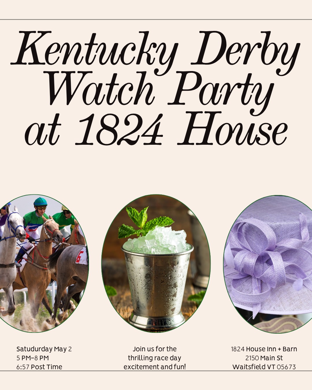 Join us this Saturday for a fun day of racing. We will have a Kentucky inspired menu available for purchase and of course Mint Juleps as well as a full bar.
Post time is 6:57 PM. We open at 5pm.
Derby attire and hats are strongly encouraged!!!!!
See you Saturday
#madrivervalley #runfortheroses #eatinabarn #eatmrv #staymrv #celebratemrv #kentuckyderby