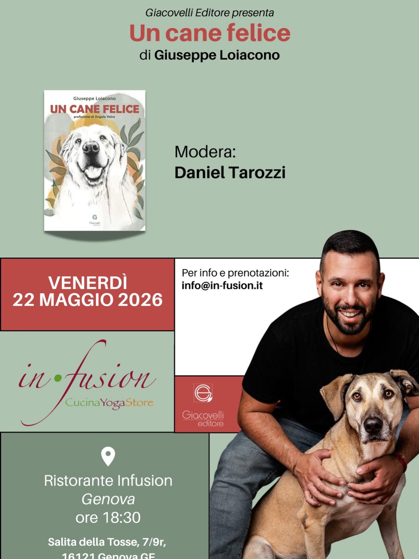 📖 Presentazione del libro “Un cane felice” 🐾
Sono felice di invitarti a questo evento speciale dove parleremo del mio libro, dedicato alla relazione autentica tra uomo e cane ❤️
📅 Venerdì 22 maggio
📍 Genova – Ristorante Infusion
🕡 Ore 18:30
🎤 Moderatore: Daniel Tarozzi, giornalista e fondatore di Italia che Cambia
Sarà un momento di condivisione, in cui parleremo di emozioni, quotidianità e connessione con i nostri cani.
Ci sarà anche uno spazio dedicato alle domande, per confrontarci dal vivo in modo diretto e autentico.
⚠️ Posti limitati
📩 Per info e prenotazioni: info@in-fusion.it
👉 Inoltre sarò presente al Salone Internazionale del Libro il 16 e 17 maggio con Giacovelli Editore
Se sei in zona, passa a trovarmi!
🔗 https://www.salonelibro.it/
👉🏼 Padiglione PAD OVAL - Stand T50
Ti aspetto! 🙌
#uncanefelice #presentazionelibro #genovaeventi #salonedelibro #educazionecinofila