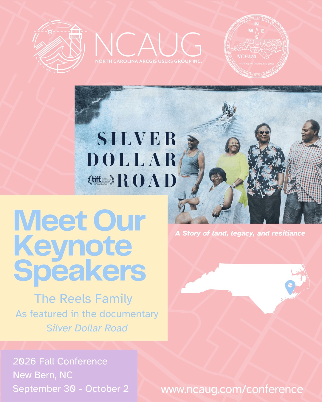 We are honored to welcome the Reels Family as keynote speakers for the NCAUG + NCPMA Fall Conference in New Bern, NC!
Their story - featured in the documentary Silver Dollar Road - is a powerful reflection on land, legacy, and resilience, and a reminder of how place and history shape our communities. Their experience brings a meaningful perspective on the real-world impact of land records, property boundaries, heir's property, and documentation accuracy. This presentation strongly aligns with the mission of mapping professionals and highlights the human impact behind the systems we manage.
Add Silver Dollar Road to your watch list immediately!
You don't want to miss this presentation!! Early bird registration opens on May 18th.
📍 New Bern, NC | Sept. 30 – Oct. 2
