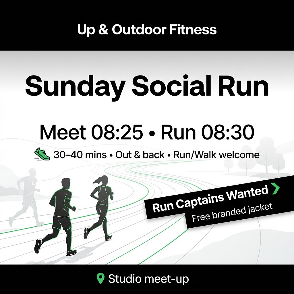 Up & Outdoor Fitness – Sunday Social Run (NEW!)
Team Sonia HB and I are thinking of starting a Sunday morning Social Run / Run-Walk and I’d love to see who’d be up for it.
This is to benefit our members and build the community — fresh air, endorphins, clear head, good people.
Not coached. Not pacey. Not about distance. Just a relaxed, inclusive social run/walk.
FREE to join ✅
Open to members, friends of members, family + ex-members.
Not trying to create a big running club — just a small Up & Outdoor meet-up.
The plan (simple + doable)
Every Sunday
📍 Meet at the studio: 08:25 (quick mobility warm-up)
🕣 Start: 08:30
⏱️ 30–40 mins total
➡️ Out-and-back route (everyone finishes back at the studio)
🚶♀️ Run/walk welcome
⏳ Time-based, not distance-based
🤝 Social vibe, no pressure
Run Captains Wanted (to keep it sustainable)
To make this work long-term (and not rely on me being there every week), we’ll have one captain each Sunday.
If we get 4–6 captains, it’s super easy — you’re only “on” occasionally and it keeps the run consistent.
Captain role = host, not coach:
lead the quick warm-up at 08:25
get everyone moving at 08:30
keep it friendly/inclusive + make sure everyone gets back
Captain perk: a FREE branded Up & Outdoor jacket (captain of the day!).
I’ll run the first couple of Sundays to set the tone, then it becomes captain-led with me dropping in when I can.
Want to be a captain? Comment “CAPTAIN” below (or message me).
Want to come along? Comment “I’M IN” below.
Who’s in?