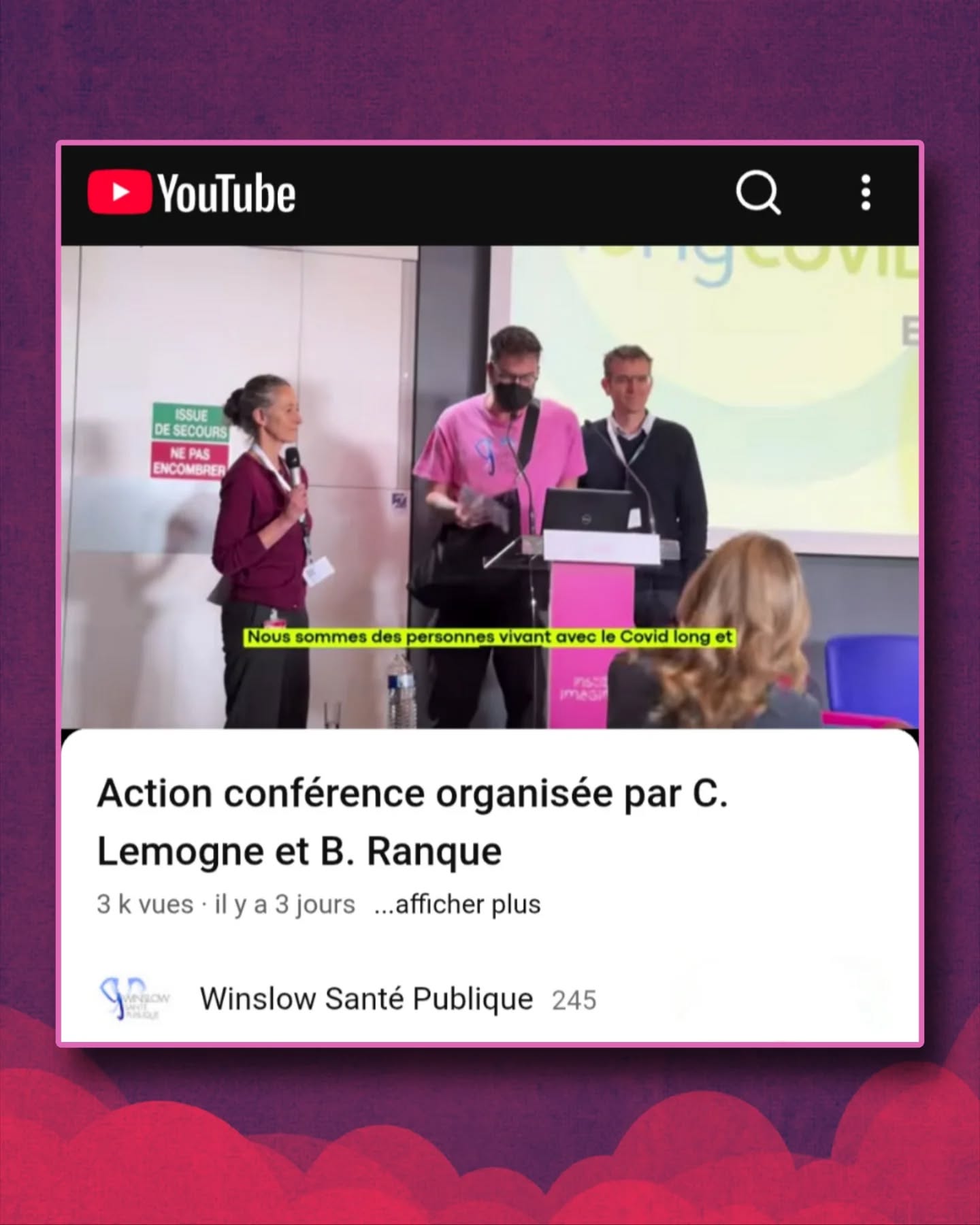 đą#ApresJ20 exprime sa solidaritĂ© et son respect pour les malades ( @winslowsp & @actioncovidlong_ ) qui ont eu le courage de se dresser publiquement pour dĂ©noncer le dĂ©ni et la psychologisation fallacieuse du #CovidLong.
đš Nous dĂ©nonçons toute forme de violence verbale ou physique envers les malades.
đ Lors de la confĂ©rence de restitution du projet Long Covid EU Project le 24 avril 2026 Ă l'hĂŽpital HĂŽtel Dieu @hopitauxdeparis , cette violence traduisait clairement un mĂ©pris pour les malades manifestĂ© tant par le refus de les entendre que par les violences physiques qu'ils ont dĂ©noncĂ©es.
âIl est inacceptable de rĂ©pondre Ă la plainte d'un malade dont on agrippe le bras par la mĂ©taphore "vous nous faites mal".
đ Nous nous dĂ©solons de devoir rappeler que l'Ă©coute et le respect des malades sont un impĂ©ratif absolu, particuliĂšrement de la part des soignants, et que rien ne peut justifier la violence dont tĂ©moigne cette vidĂ©o.
đLien VidĂ©o :
https://youtu.be/WK0T6njZ67Q?si=-lYfSh6_8Co42RdI
#ApresJ20 #CovidLong #LongCovid
@stephanie.rist @sante_gouv @santepubliquefrance ANRS HAS