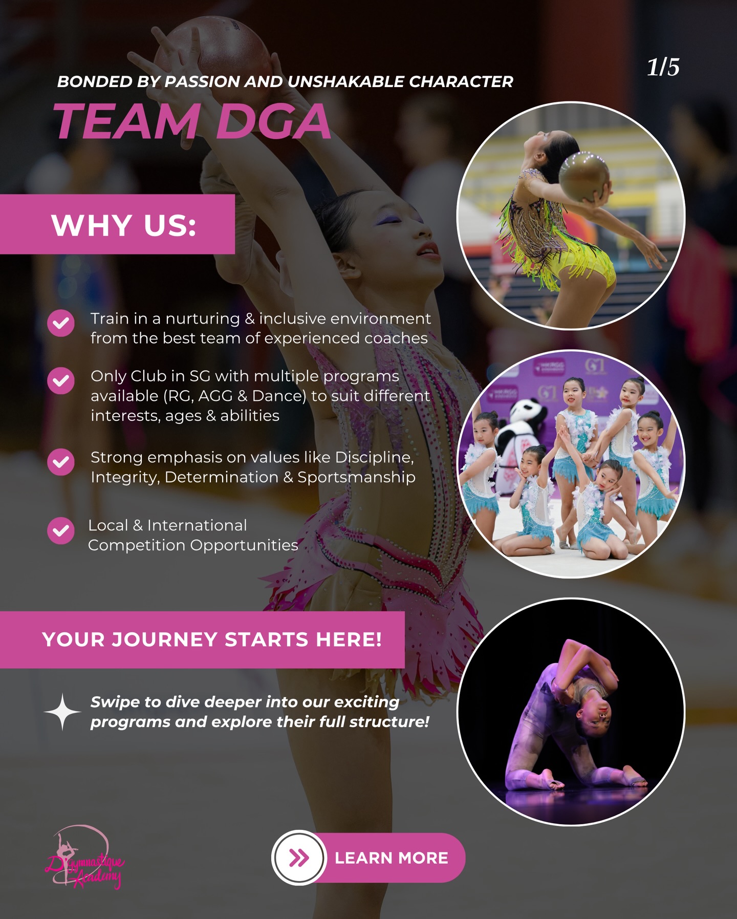 Searching for a nurturing and supportive environment to introduce your child to the beautiful world of Gymnastics and Dance?
Look no further, this is D’Gym for you! Discover the possibilities with us, where growth and character-building take center stage.
Our dedicated coaches provide guidance with patience, care, and encouragement every step of the way!🤗 Swipe to explore the differences and requirements of each program, featuring thoughtfully designed structures tailored to every child.
We also have many new and exciting plans coming up! Stay tuned to our page!😍✨
Do not hesitate to drop us a DM or contact us below if you have any enquiries about our classes or programs! We are always here for you :)
📞 DGA Admin +65 8802 0538 (WhatsApp Only)
✉️ dga.enquiry@gmail.com
#TeamDGA #RhythmicGymnastics #AestheticGroupGymnastics #DanceProgram